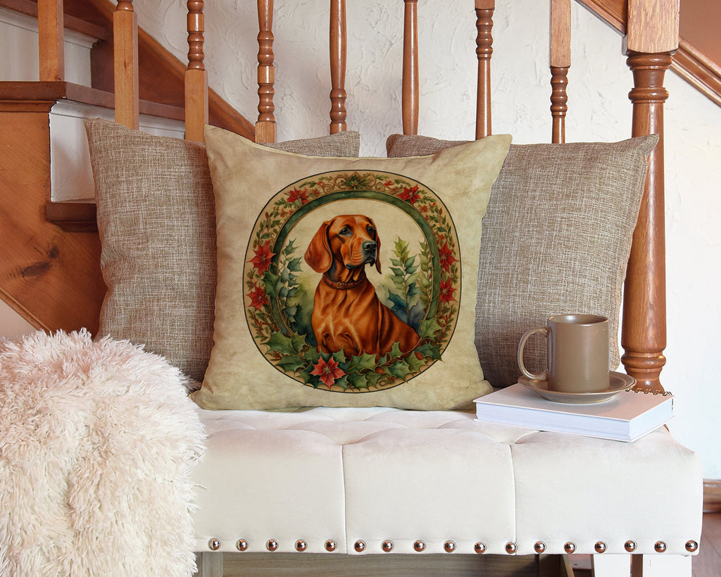 Red Redbone Coonhound Christmas Flowers Decorative Throw Pillow 14x14 Indoor Outdoor Accent Cushion, Fabric Cover with Insert for Sofa, Bed, Porch & Living Room