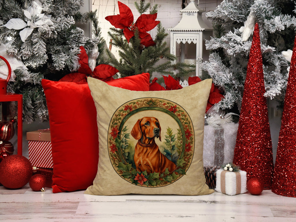 Red Redbone Coonhound Christmas Flowers Decorative Throw Pillow 18x18 Indoor Outdoor Accent Cushion, Fabric Cover with Insert for Sofa, Bed, Porch & Living Room