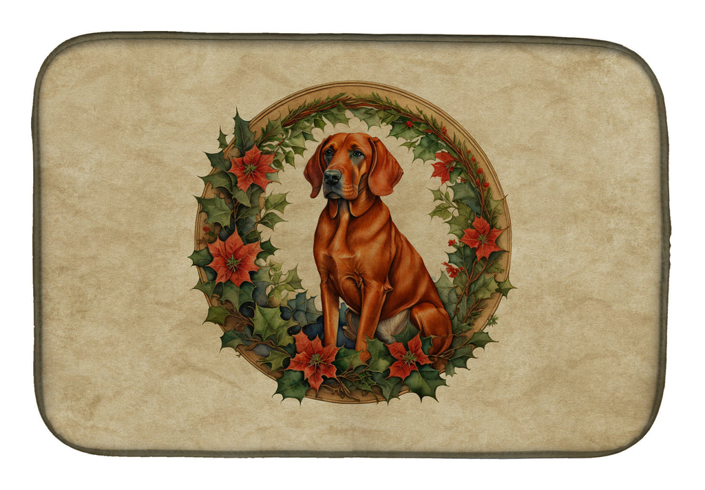 Red Redbone Coonhound Christmas Flowers Dish Drying Mat Absorbent Dish Drying Mat Pad for Kitchen Counter Dish Drainer Mat for Countertop, 14 x 21", Multicolor