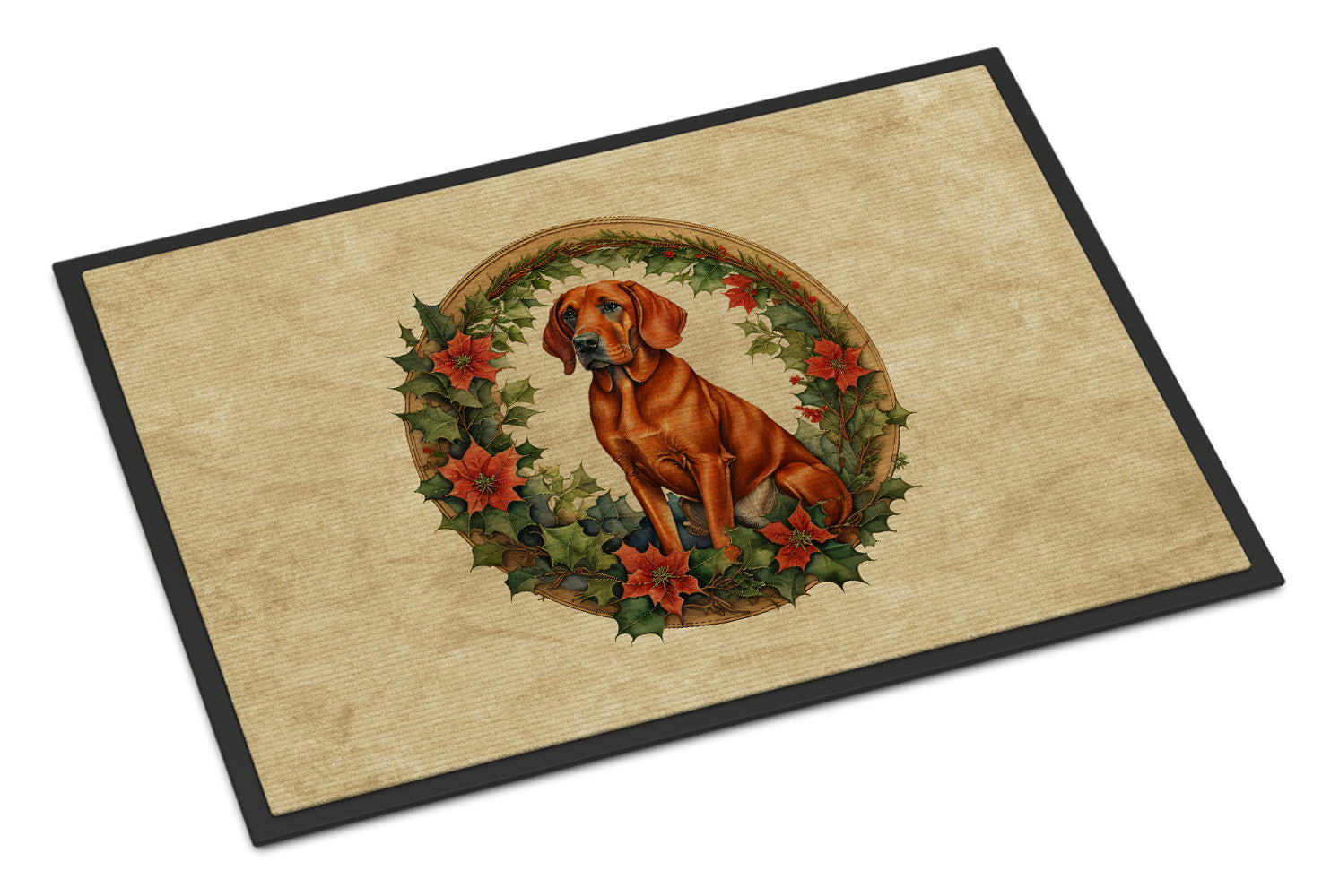 Red Redbone Coonhound Christmas Flowers Doormat Indoor Outdoor 24H X 36W Front Door Mat Rugs for Entryway, Non Slip Washable Low Pile,