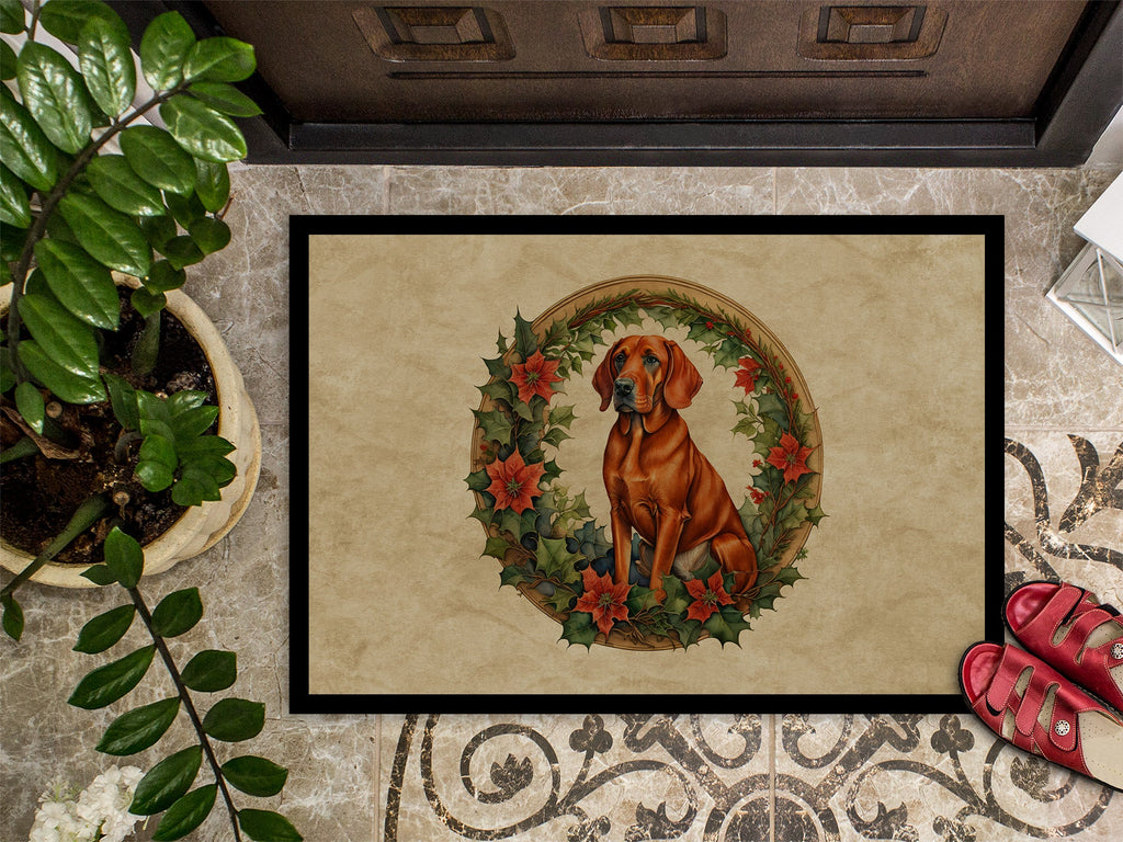 Red Redbone Coonhound Christmas Flowers Doormat Indoor Outdoor 24H X 36W Front Door Mat Rugs for Entryway, Non Slip Washable Low Pile,