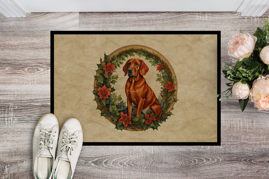 Red Redbone Coonhound Christmas Flowers Doormat Indoor Outdoor 18H X 27W Front Door Mat Rugs for Entryway, Non Slip Washable
