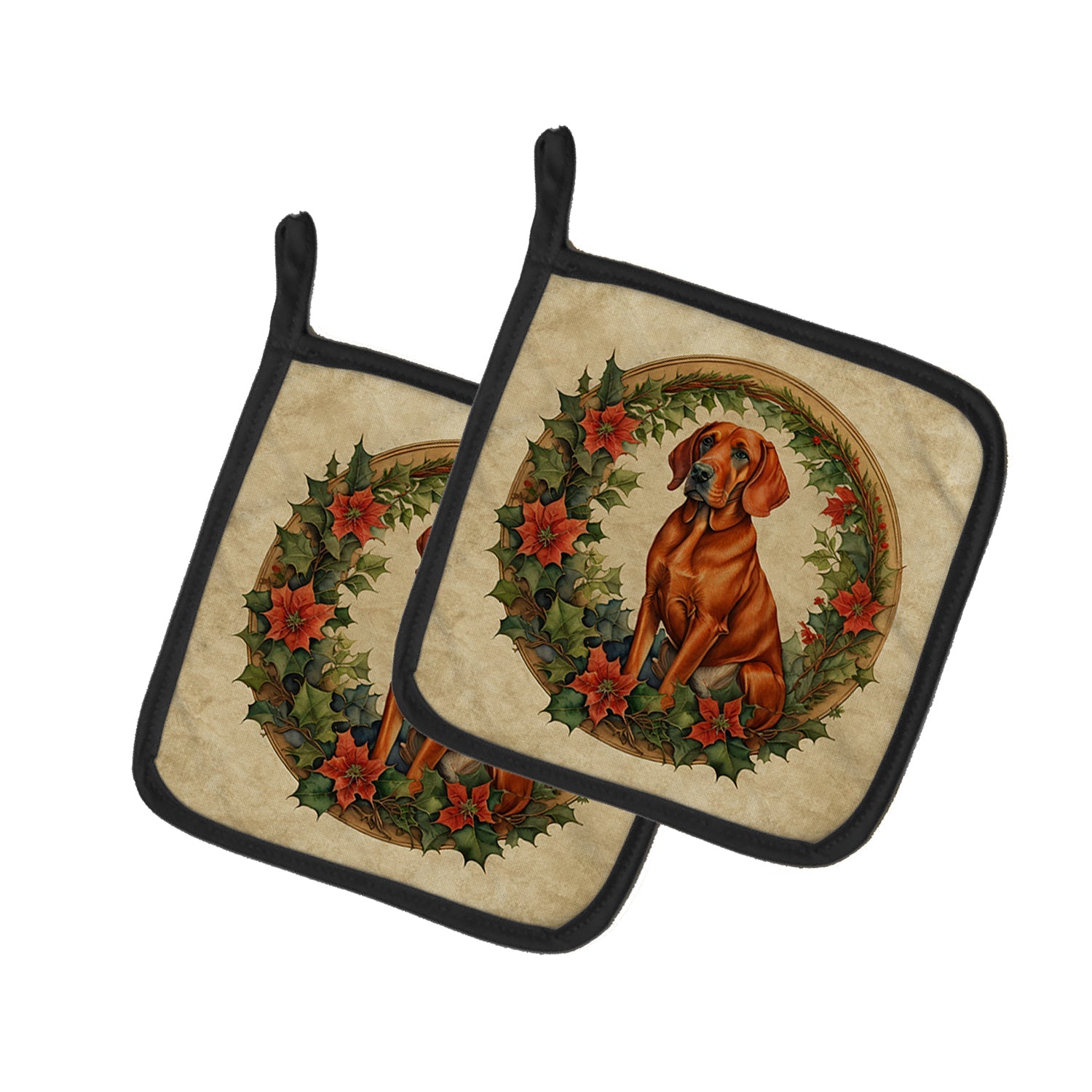 Red Redbone Coonhound Christmas Flowers Pot Holder Set of 2 Heat Resistant Quilted Hot Pads 7.5 x 7.5 Inch, Insulated Kitchen Trivets for Cooking & Baking