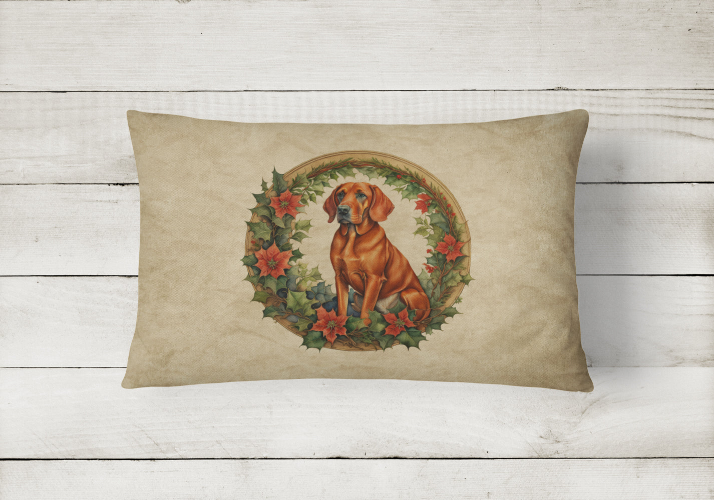 Red Redbone Coonhound Christmas Flowers Decorative Throw Pillow 12x16 Indoor Outdoor Accent Cushion, Fabric Cover with Insert for Sofa, Bed, Porch & Living Room