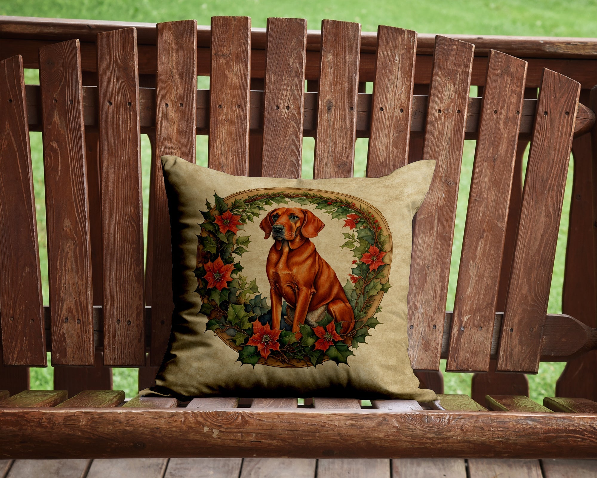Red Redbone Coonhound Christmas Flowers Decorative Throw Pillow 14x14 Indoor Outdoor Accent Cushion, Fabric Cover with Insert for Sofa, Bed, Porch & Living Room