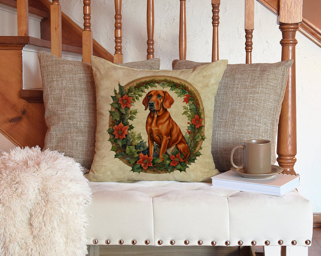 Red Redbone Coonhound Christmas Flowers Decorative Throw Pillow 14x14 Indoor Outdoor Accent Cushion, Fabric Cover with Insert for Sofa, Bed, Porch & Living Room