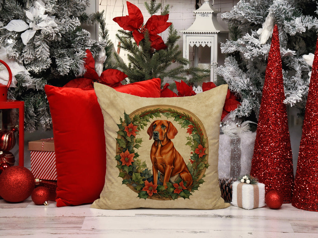 Red Redbone Coonhound Christmas Flowers Decorative Throw Pillow 18x18 Indoor Outdoor Accent Cushion, Fabric Cover with Insert for Sofa, Bed, Porch & Living Room