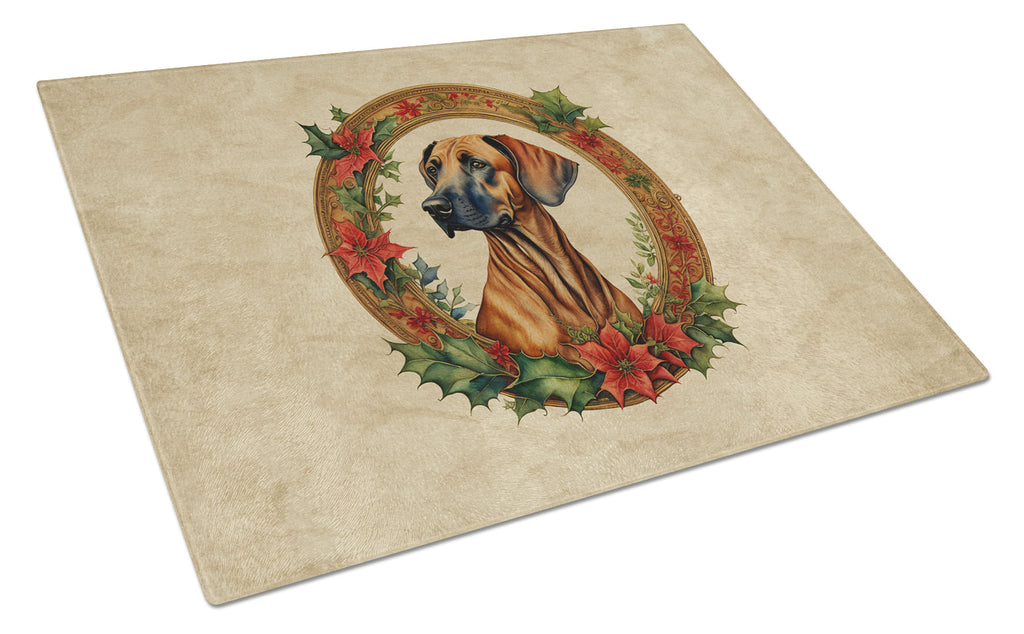Rhodesian Ridgeback Christmas Flowers Cutting Board Tempered Glass Kitchen Cutting Surface, Heat Resistant Chopping, Non-Slip Feet, Food Prep & Serving