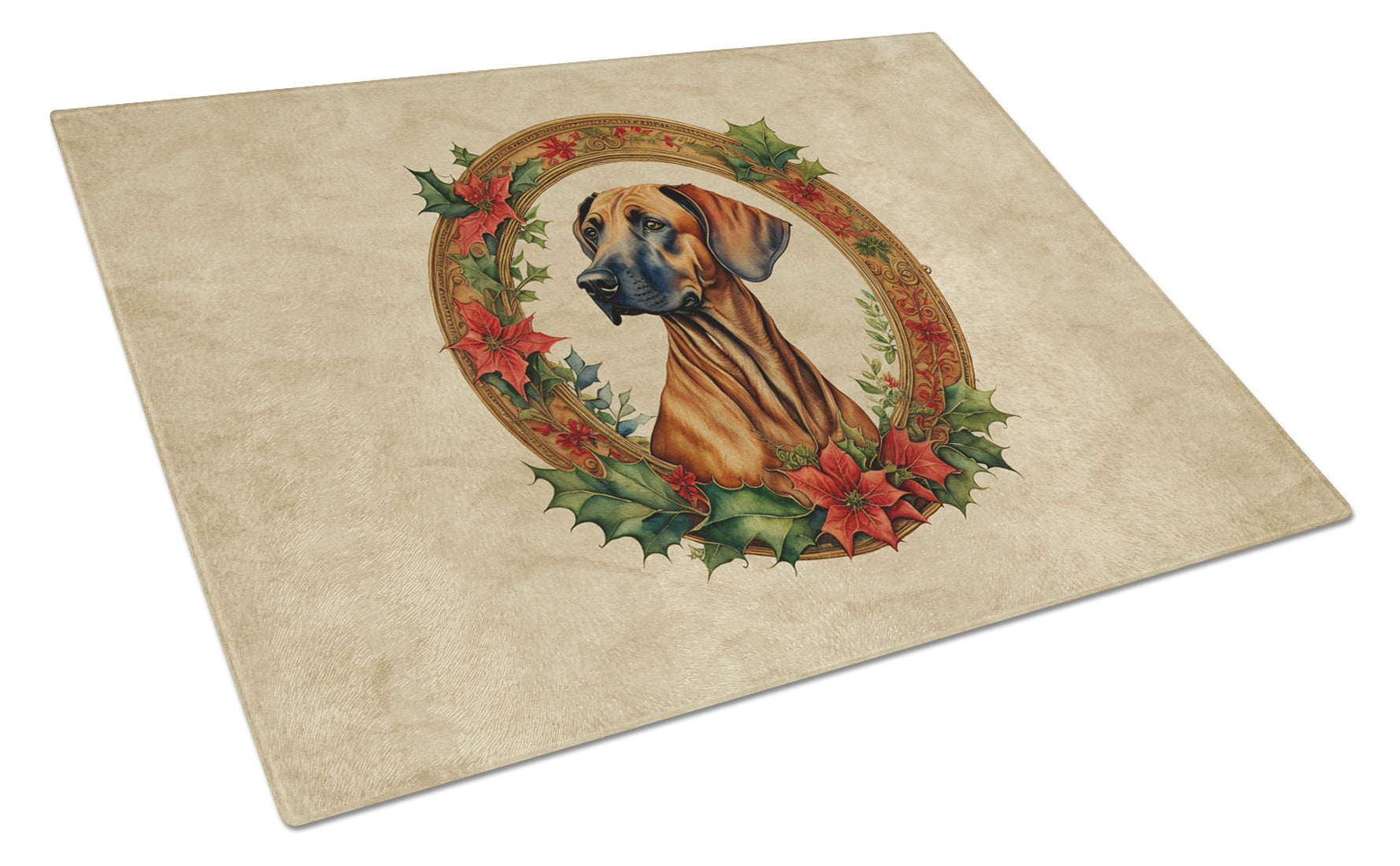Rhodesian Ridgeback Christmas Flowers Cutting Board Tempered Glass Kitchen Cutting Surface, Heat Resistant Chopping, Non-Slip Feet, Food Prep & Serving