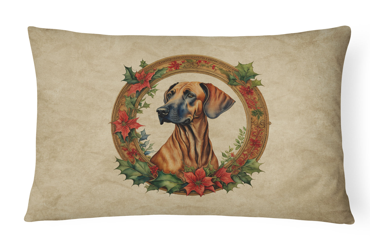 Rhodesian Ridgeback Christmas Flowers Decorative Throw Pillow 12x16 Indoor Outdoor Accent Cushion, Fabric Cover with Insert for Sofa, Bed, Porch & Living Room