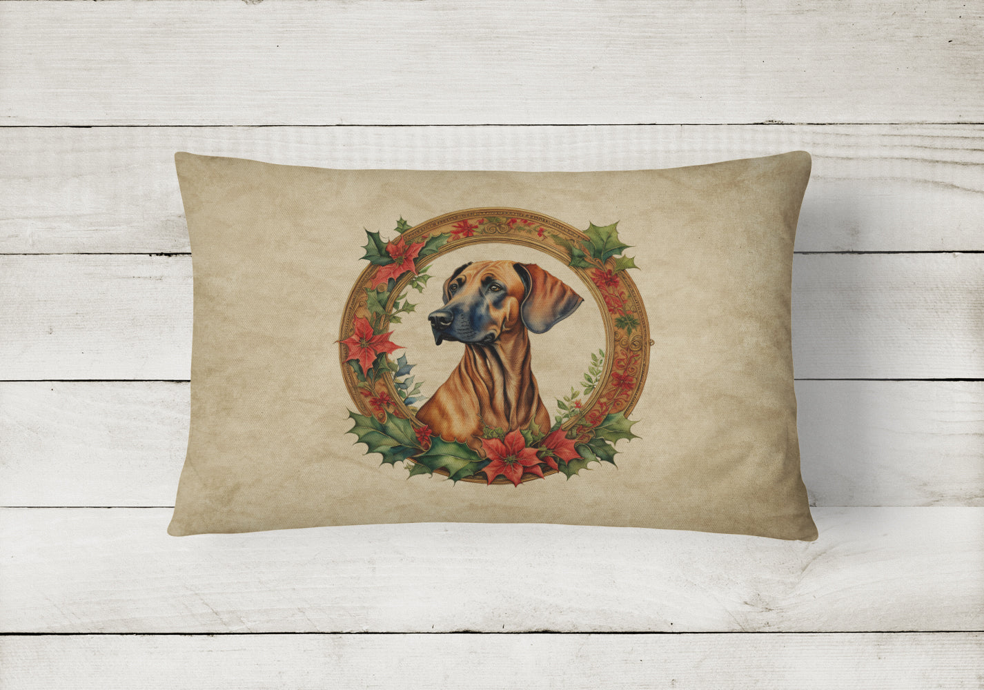 Rhodesian Ridgeback Christmas Flowers Decorative Throw Pillow 12x16 Indoor Outdoor Accent Cushion, Fabric Cover with Insert for Sofa, Bed, Porch & Living Room