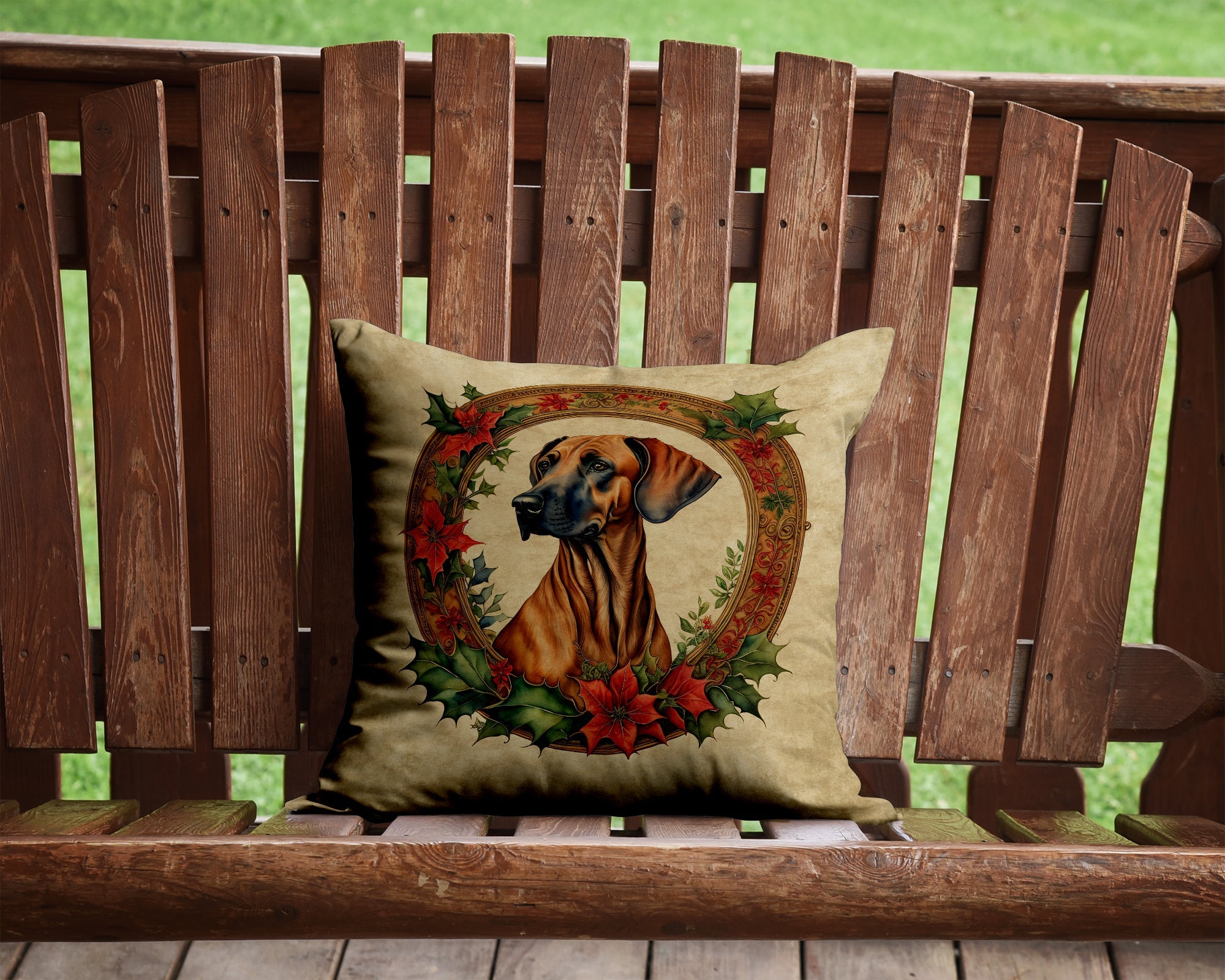 Rhodesian Ridgeback Christmas Flowers Decorative Throw Pillow 14x14 Indoor Outdoor Accent Cushion, Fabric Cover with Insert for Sofa, Bed, Porch & Living Room