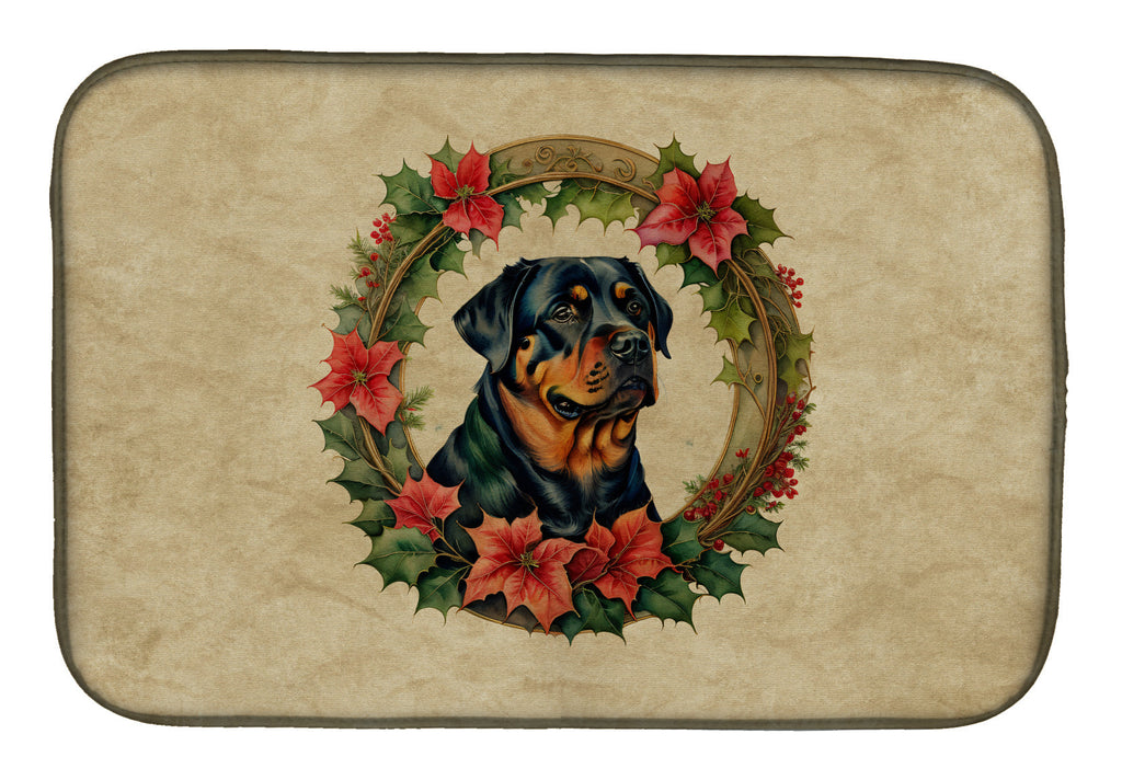 Rottweiler Christmas Flowers Dish Drying Mat Absorbent Dish Drying Mat Pad for Kitchen Counter Dish Drainer Mat for Countertop, 14 x 21", Multicolor