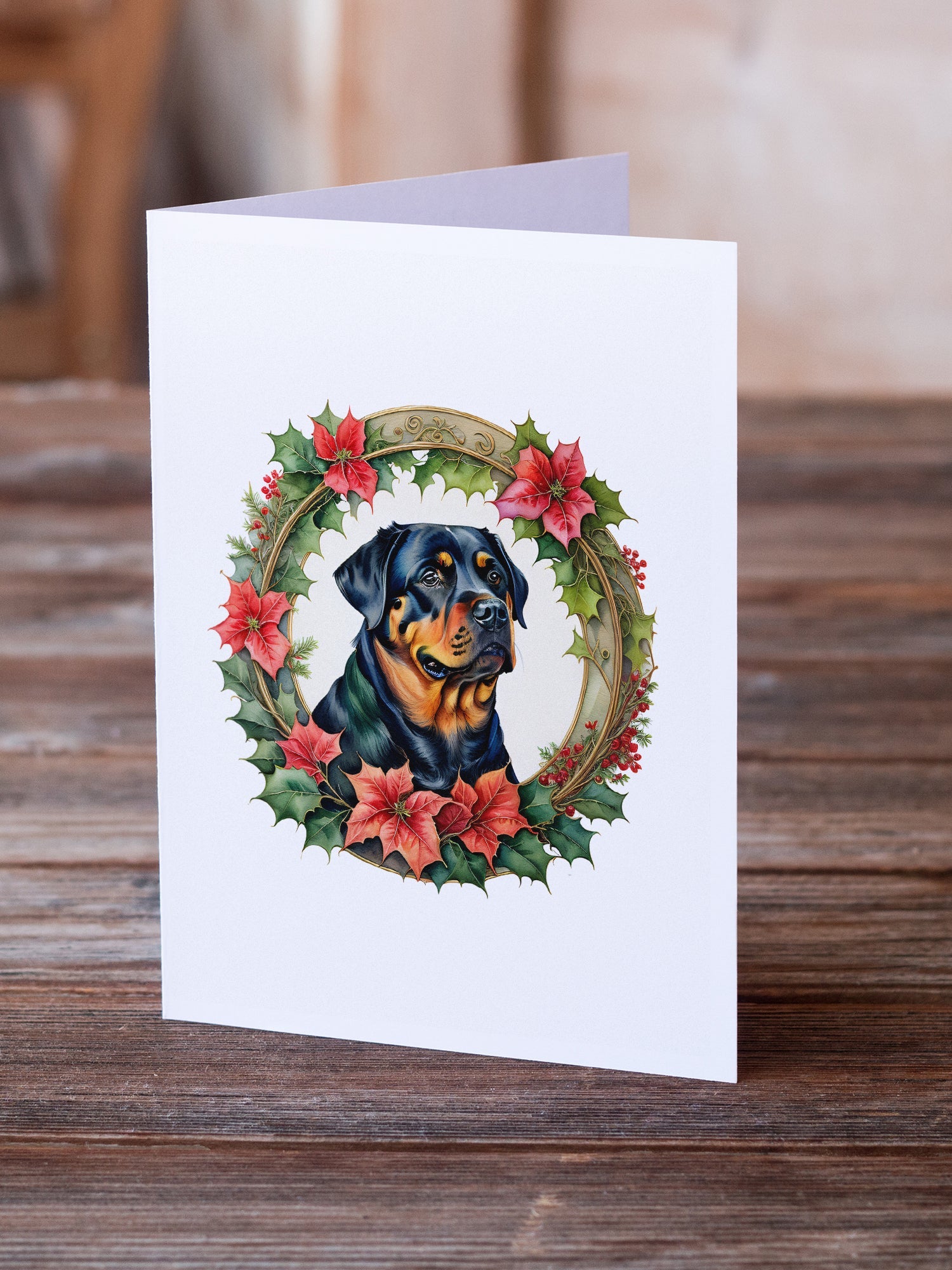 Rottweiler Christmas Flowers Greeting Cards Pack of 8 Blank Cards with Envelopes Whimsical A7 Size 5x7