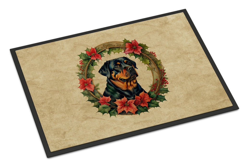 Rottweiler Christmas Flowers Doormat Indoor Outdoor 18H X 27W Front Door Mat Rugs for Entryway, Non Slip Washable