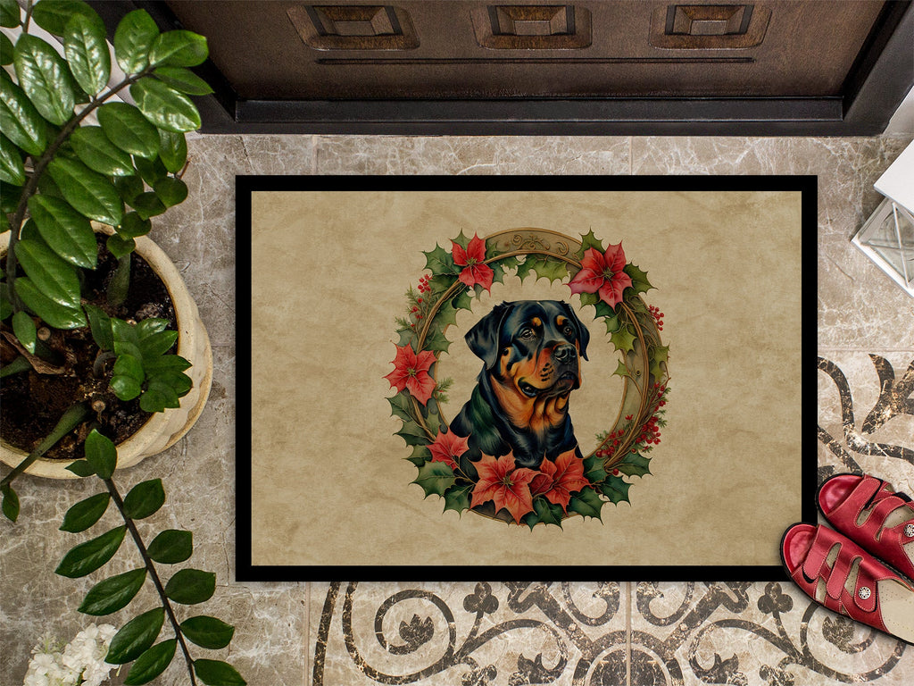 Rottweiler Christmas Flowers Doormat Indoor Outdoor 18H X 27W Front Door Mat Rugs for Entryway, Non Slip Washable