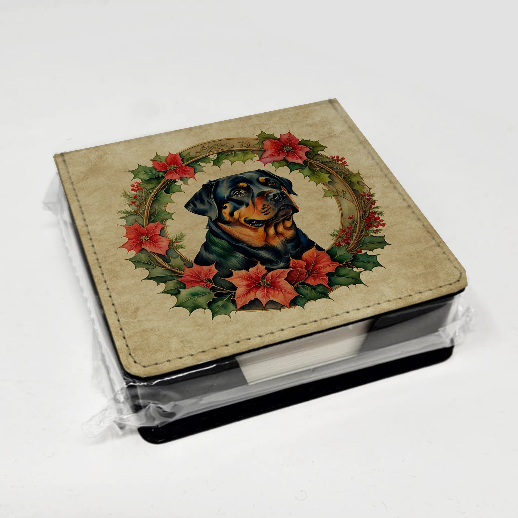 Rottweiler Christmas Flowers PU Leather Note Paper Holder with Artist-Designed Cover, Desk Accessory, Office Gift