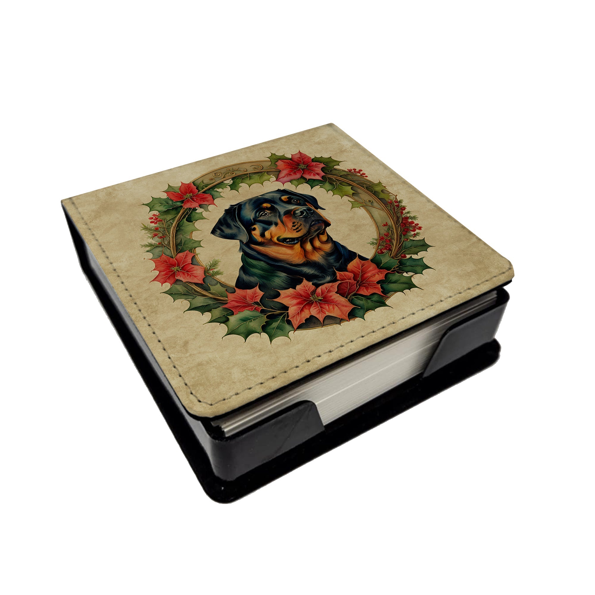 Rottweiler Christmas Flowers PU Leather Note Paper Holder with Artist-Designed Cover, Desk Accessory, Office Gift
