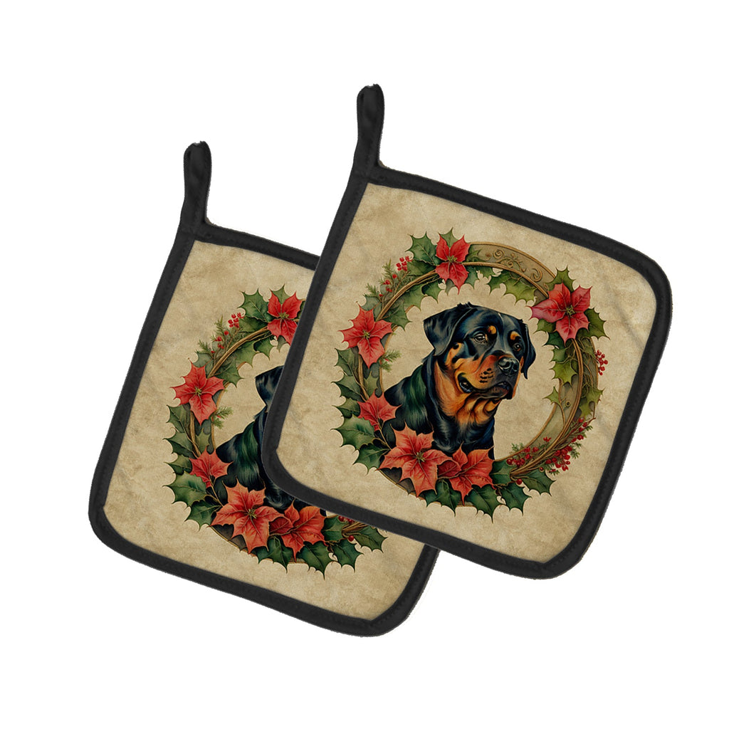 Rottweiler Christmas Flowers Pot Holder Set of 2 Heat Resistant Quilted Hot Pads 7.5 x 7.5 Inch, Insulated Kitchen Trivets for Cooking & Baking