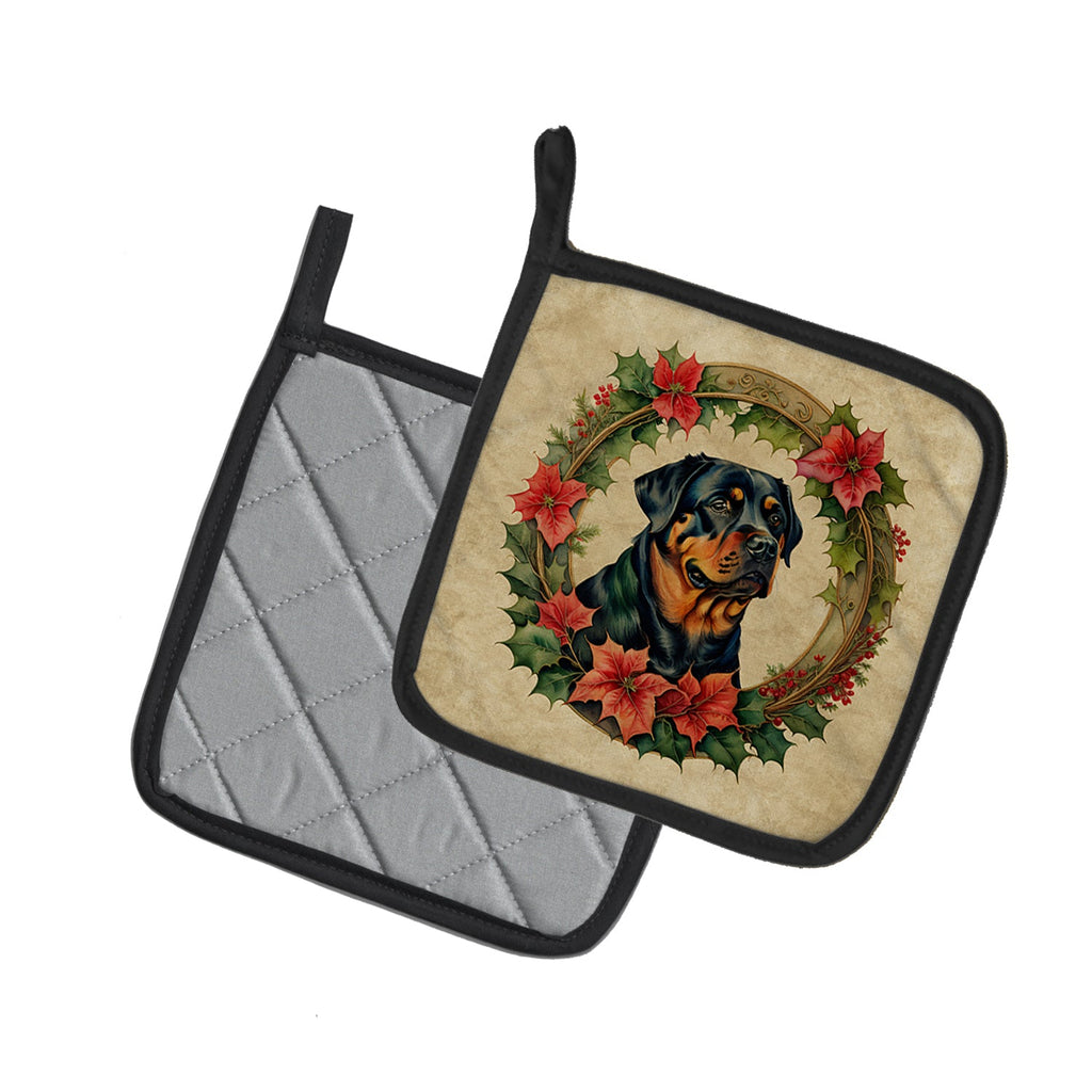 Rottweiler Christmas Flowers Pot Holder Set of 2 Heat Resistant Quilted Hot Pads 7.5 x 7.5 Inch, Insulated Kitchen Trivets for Cooking & Baking