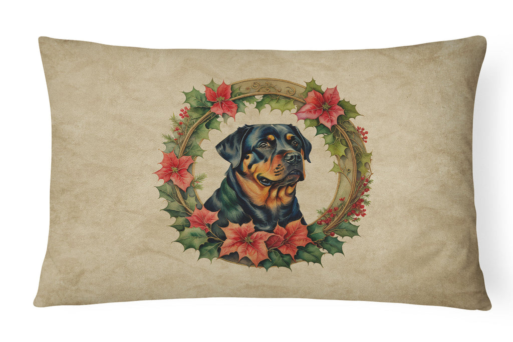 Rottweiler Christmas Flowers Decorative Throw Pillow 12x16 Indoor Outdoor Accent Cushion, Fabric Cover with Insert for Sofa, Bed, Porch & Living Room