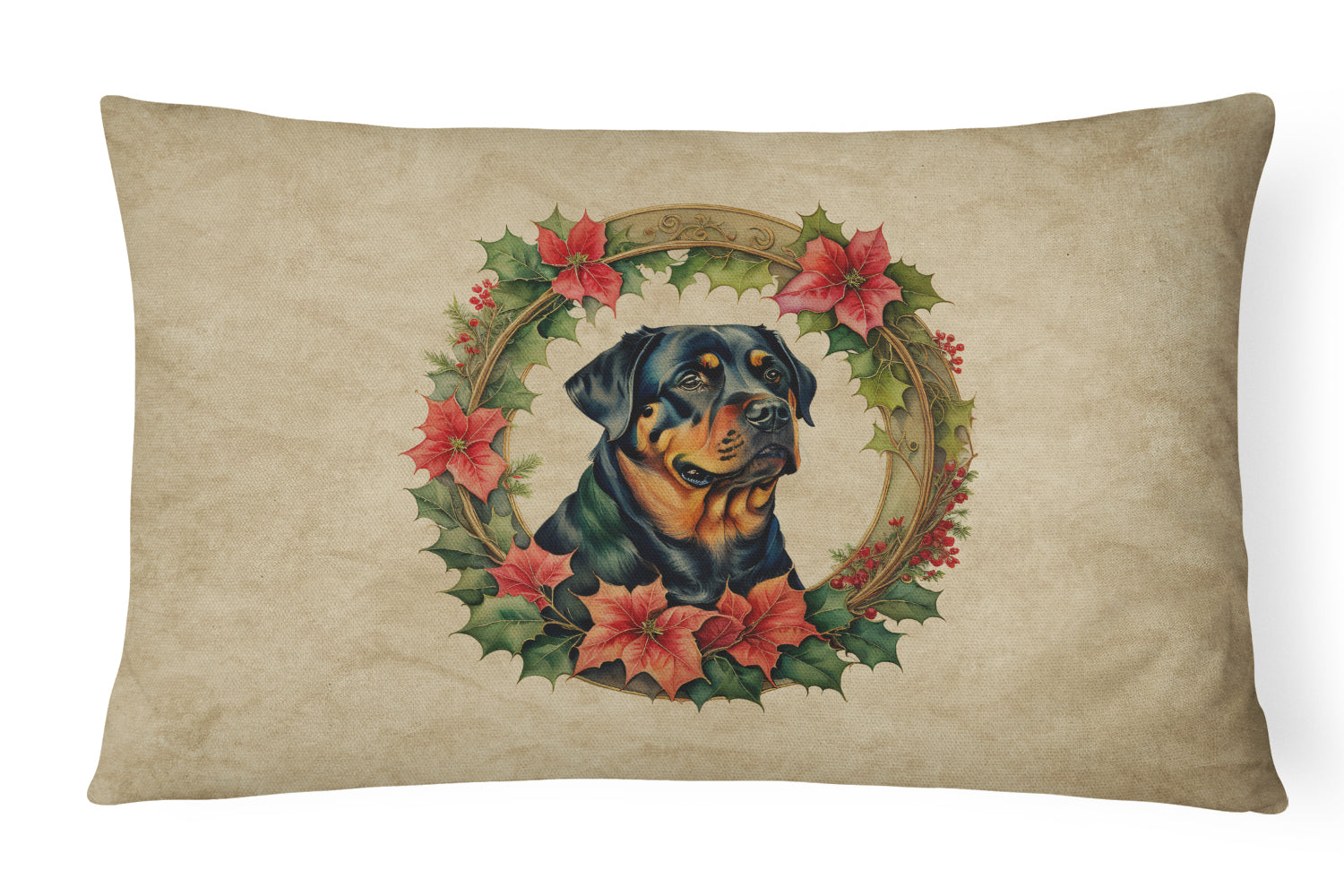 Rottweiler Christmas Flowers Decorative Throw Pillow 12x16 Indoor Outdoor Accent Cushion, Fabric Cover with Insert for Sofa, Bed, Porch & Living Room