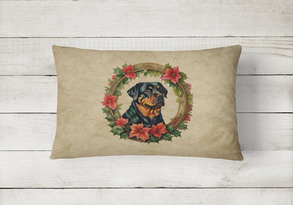 Rottweiler Christmas Flowers Decorative Throw Pillow 12x16 Indoor Outdoor Accent Cushion, Fabric Cover with Insert for Sofa, Bed, Porch & Living Room
