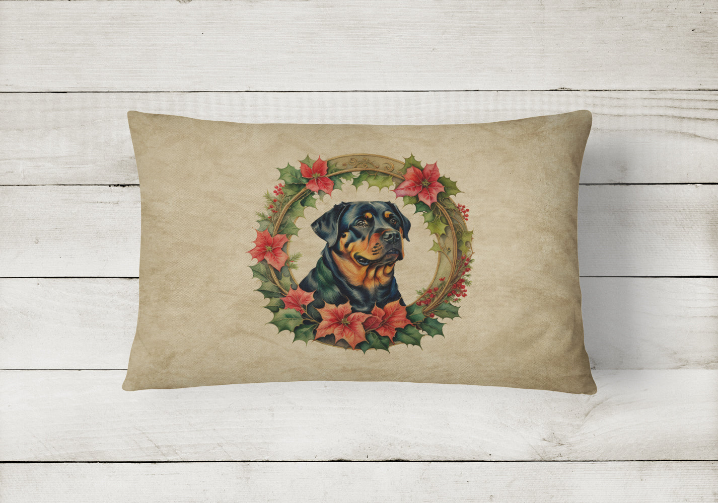 Rottweiler Christmas Flowers Decorative Throw Pillow 12x16 Indoor Outdoor Accent Cushion, Fabric Cover with Insert for Sofa, Bed, Porch & Living Room