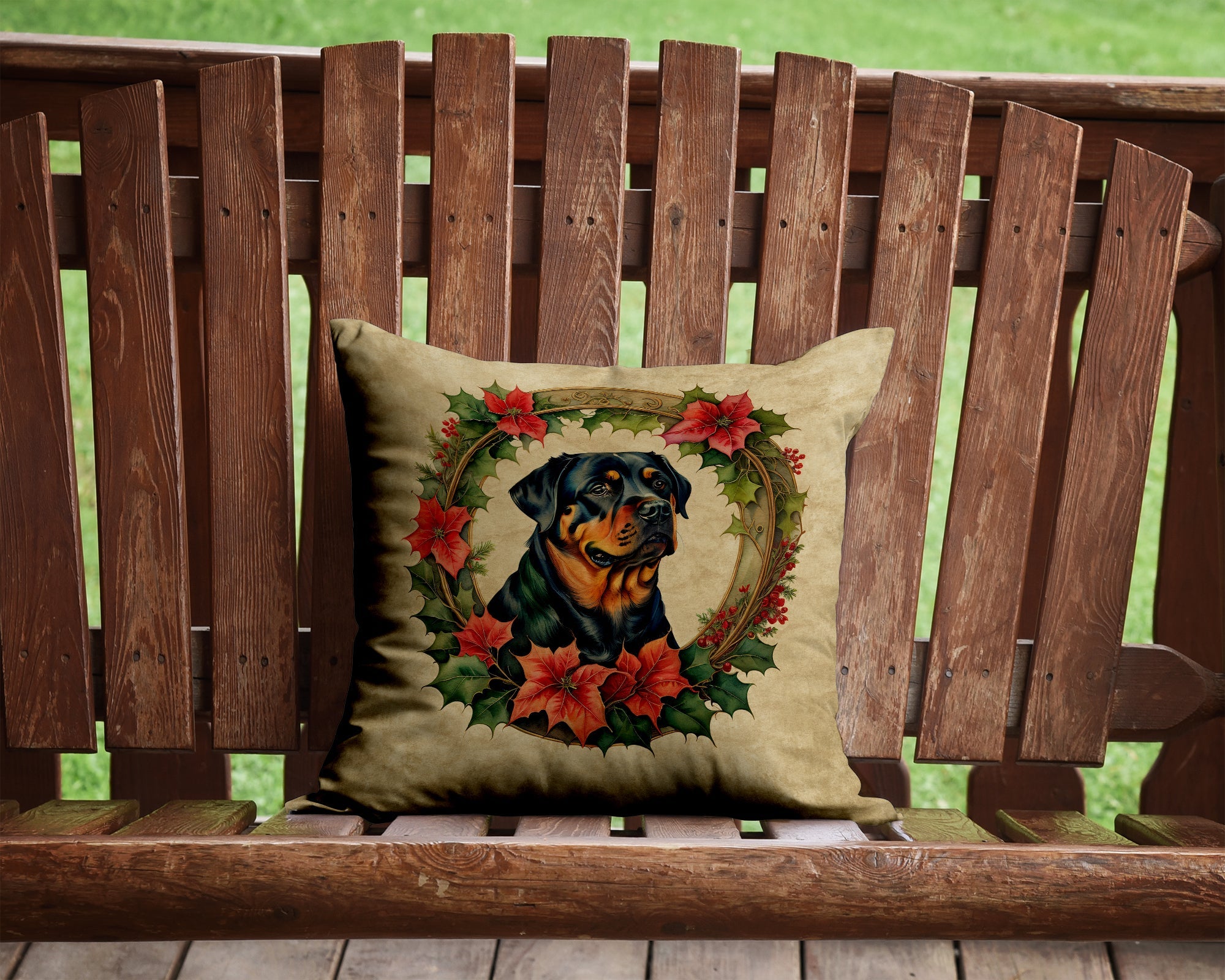 Rottweiler Christmas Flowers Decorative Throw Pillow 14x14 Indoor Outdoor Accent Cushion, Fabric Cover with Insert for Sofa, Bed, Porch & Living Room