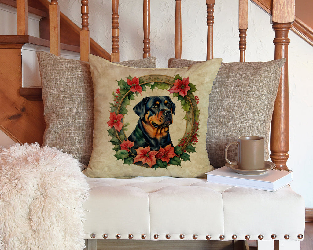 Rottweiler Christmas Flowers Decorative Throw Pillow 14x14 Indoor Outdoor Accent Cushion, Fabric Cover with Insert for Sofa, Bed, Porch & Living Room