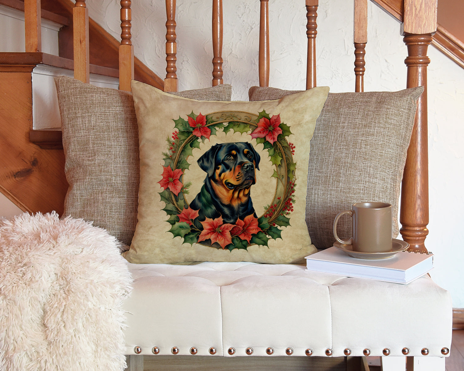Rottweiler Christmas Flowers Decorative Throw Pillow 14x14 Indoor Outdoor Accent Cushion, Fabric Cover with Insert for Sofa, Bed, Porch & Living Room