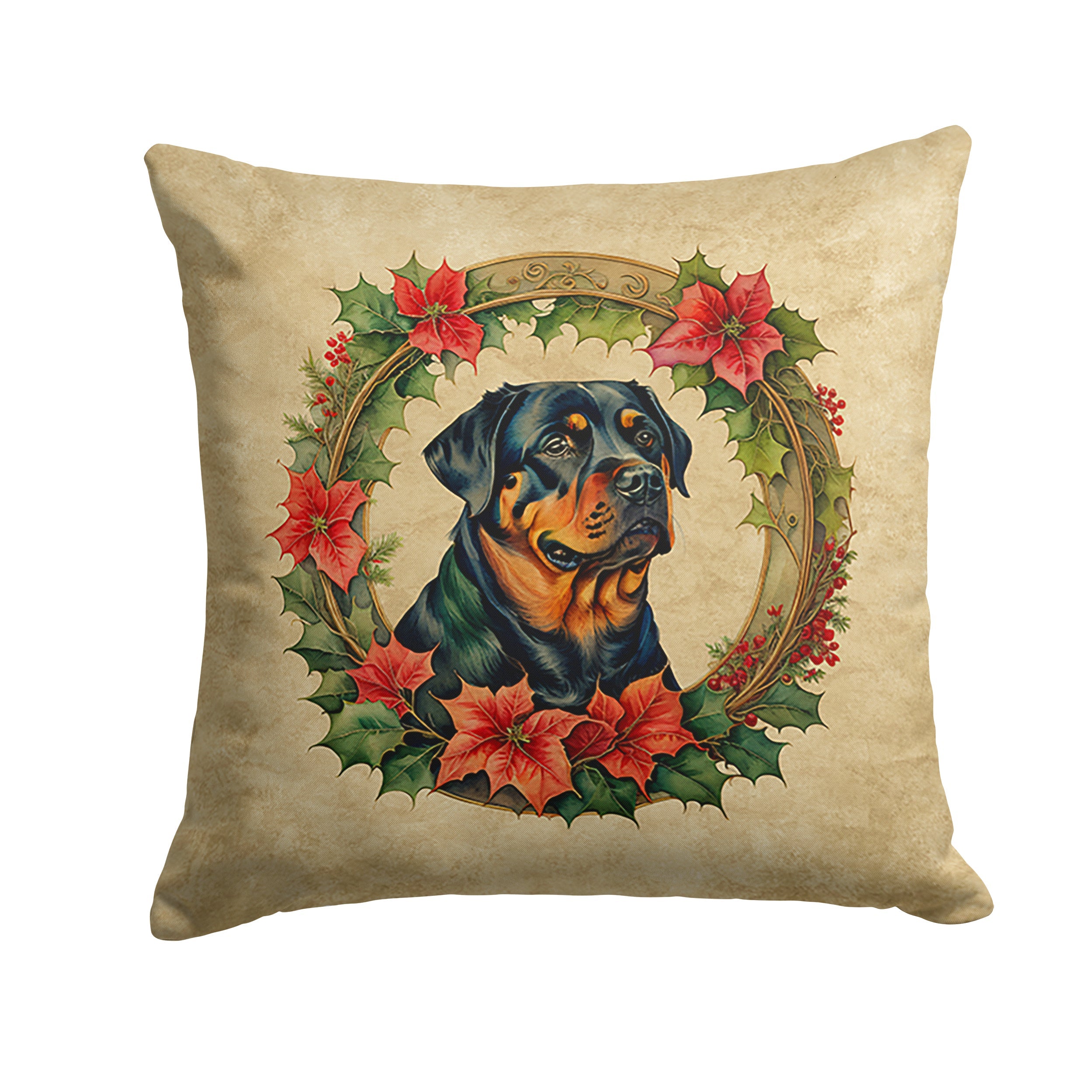 Rottweiler Christmas Flowers Decorative Throw Pillow 18x18 Indoor Outdoor Accent Cushion, Fabric Cover with Insert for Sofa, Bed, Porch & Living Room