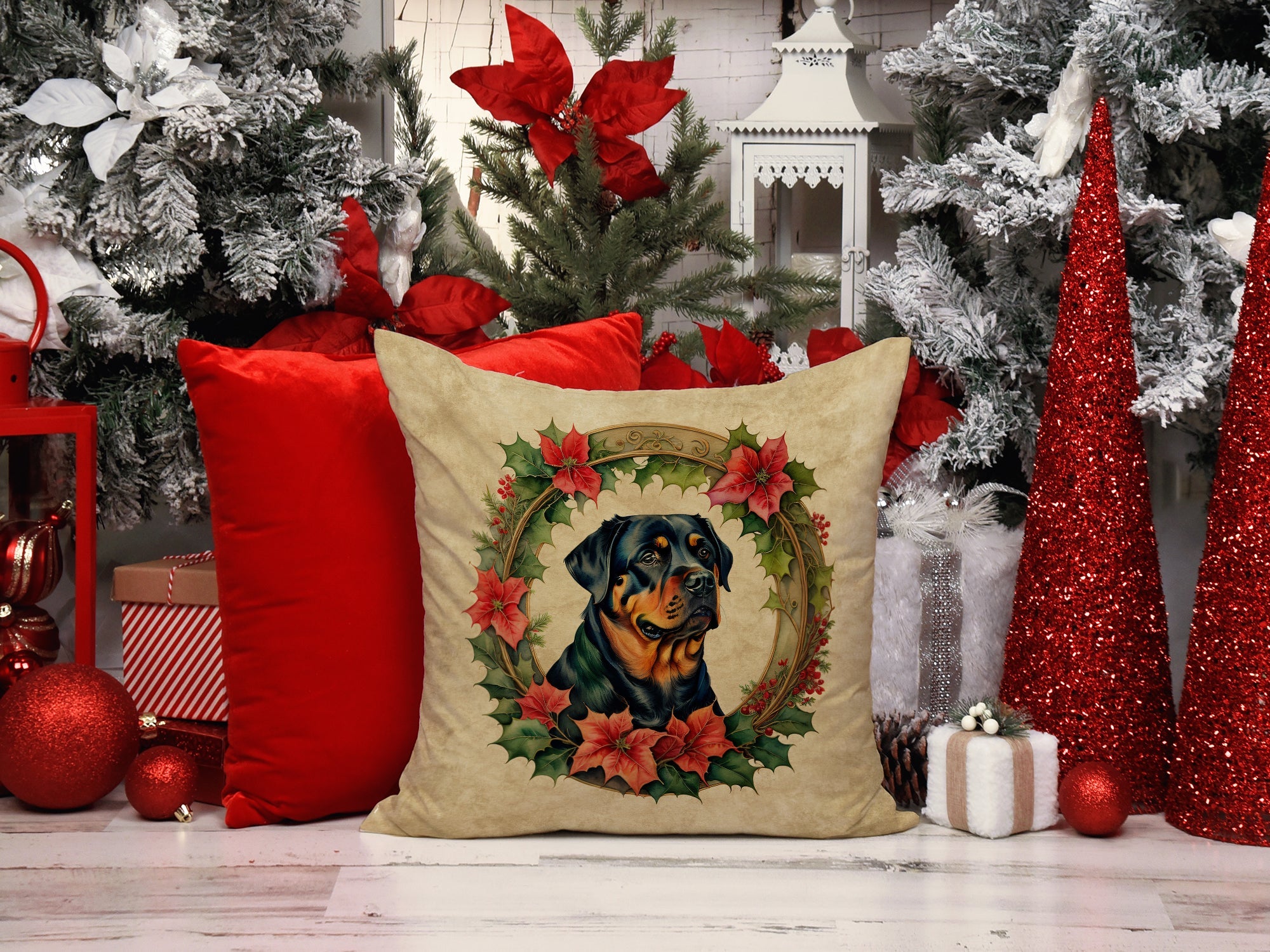 Rottweiler Christmas Flowers Decorative Throw Pillow 18x18 Indoor Outdoor Accent Cushion, Fabric Cover with Insert for Sofa, Bed, Porch & Living Room