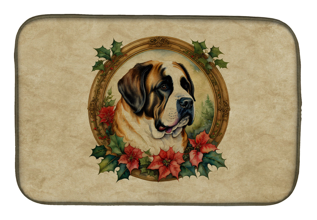 Saint Bernard Christmas Flowers Dish Drying Mat Absorbent Dish Drying Mat Pad for Kitchen Counter Dish Drainer Mat for Countertop, 14 x 21", Multicolor