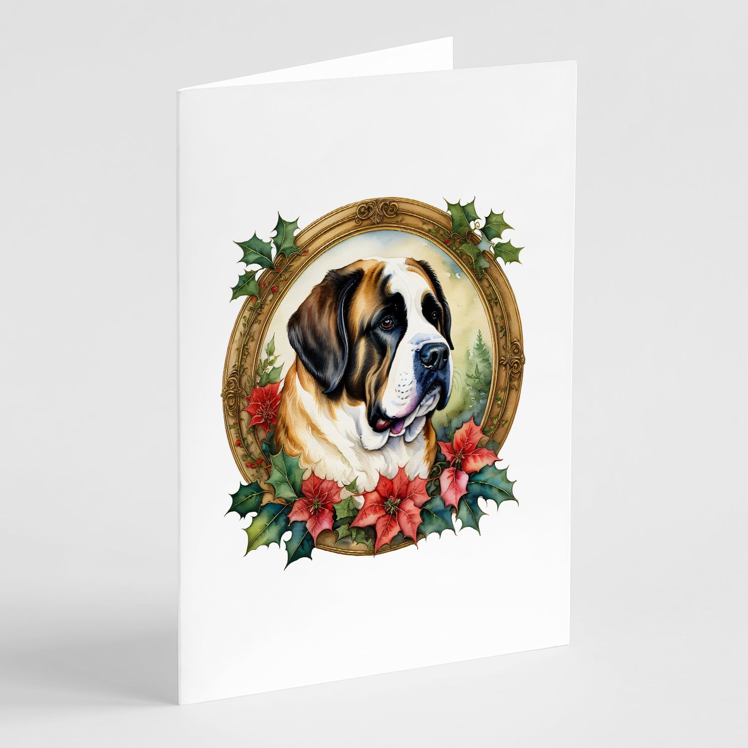 Saint Bernard Christmas Flowers Greeting Cards Pack of 8 Blank Cards with Envelopes Whimsical A7 Size 5x7