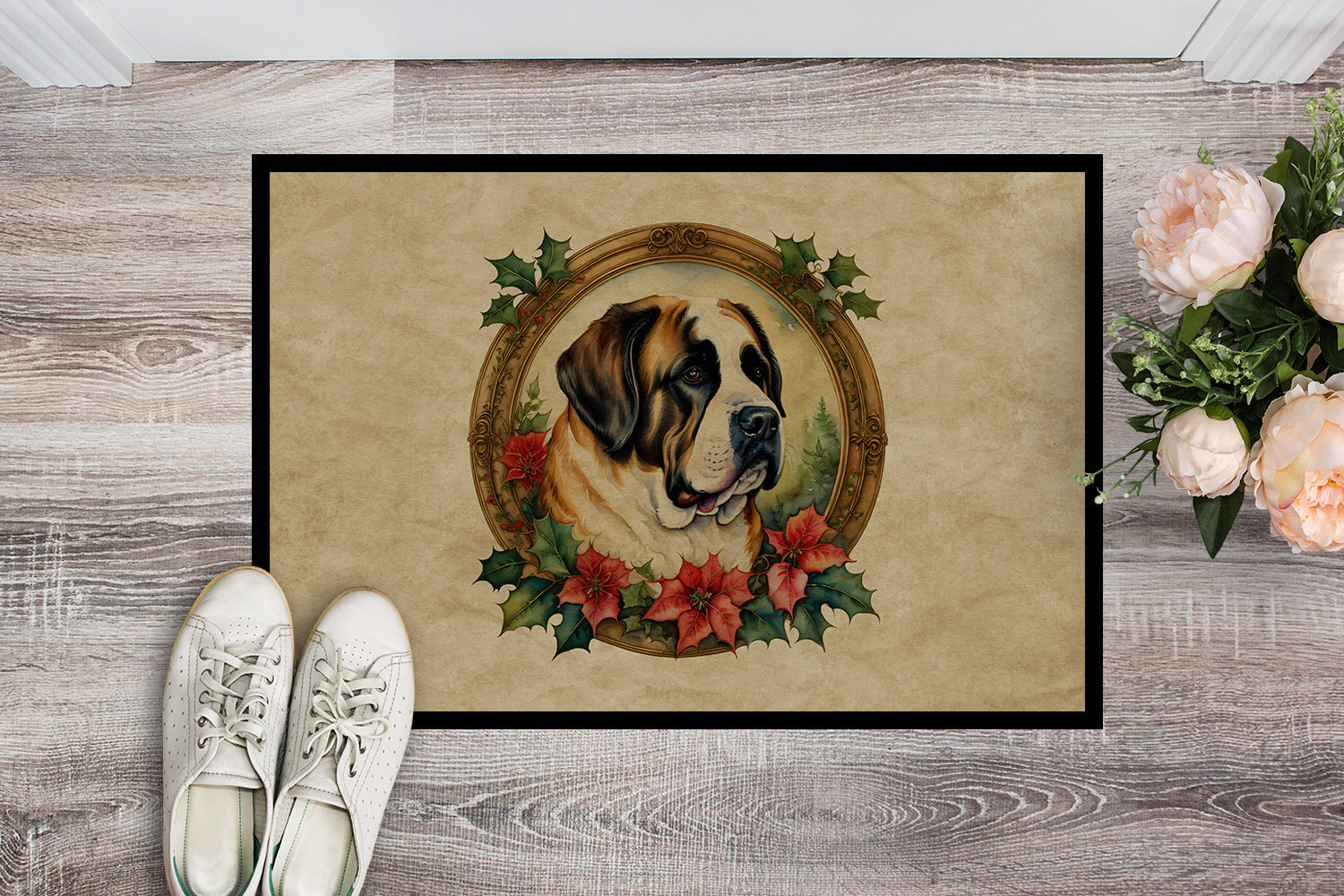 Saint Bernard Christmas Flowers Doormat Indoor Outdoor 24H X 36W Front Door Mat Rugs for Entryway, Non Slip Washable Low Pile,