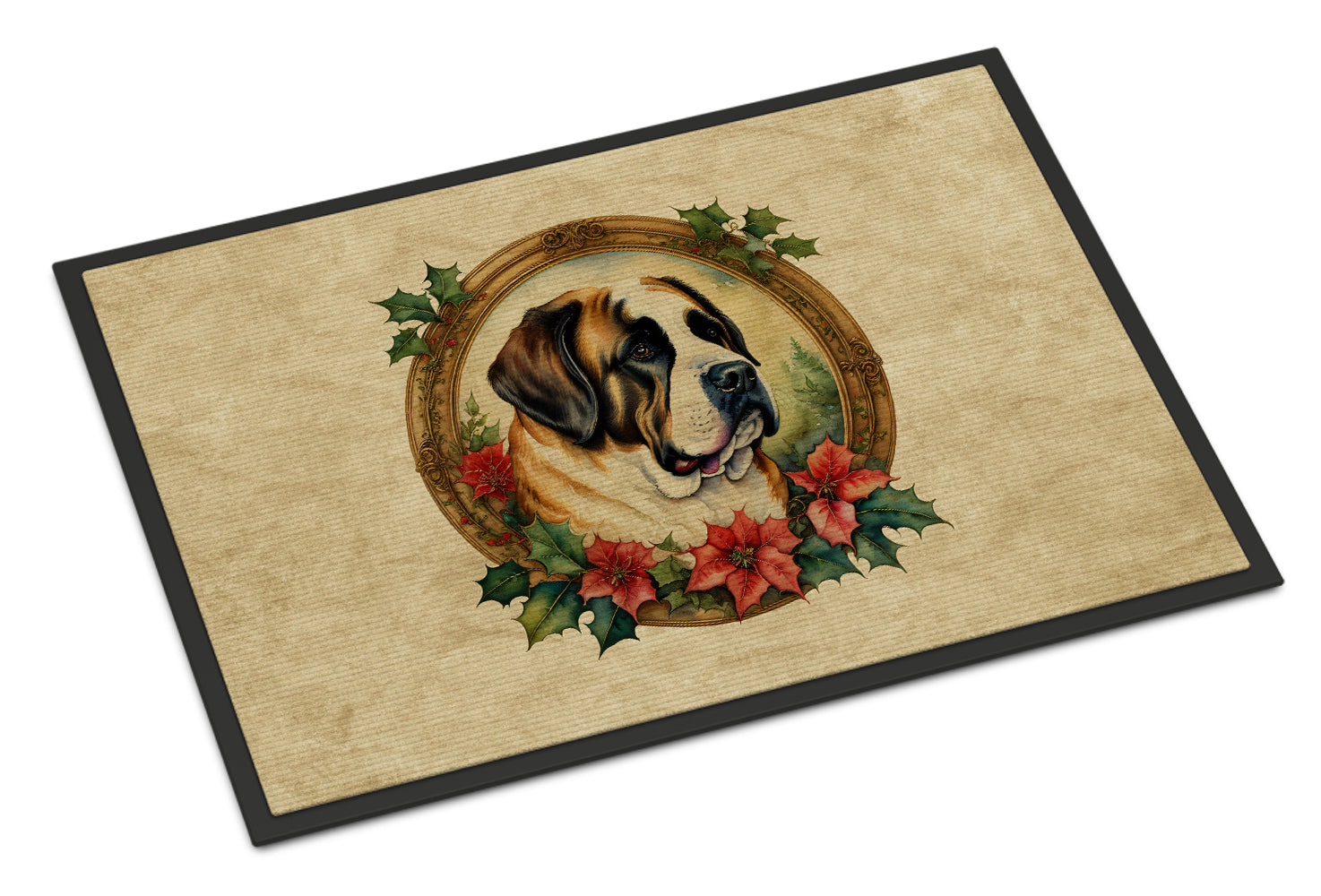 Saint Bernard Christmas Flowers Doormat Indoor Outdoor 18H X 27W Front Door Mat Rugs for Entryway, Non Slip Washable