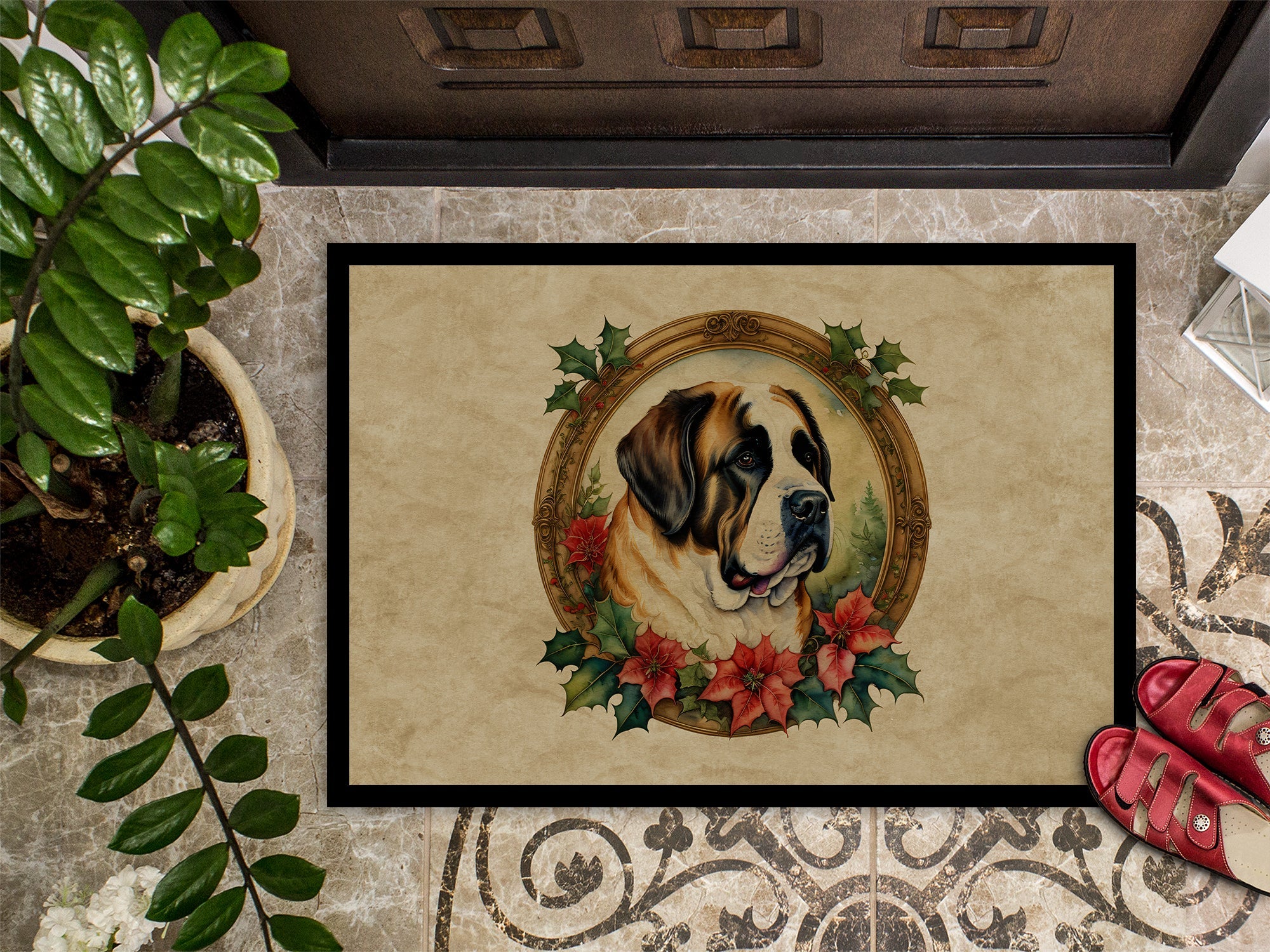 Saint Bernard Christmas Flowers Doormat Indoor Outdoor 18H X 27W Front Door Mat Rugs for Entryway, Non Slip Washable