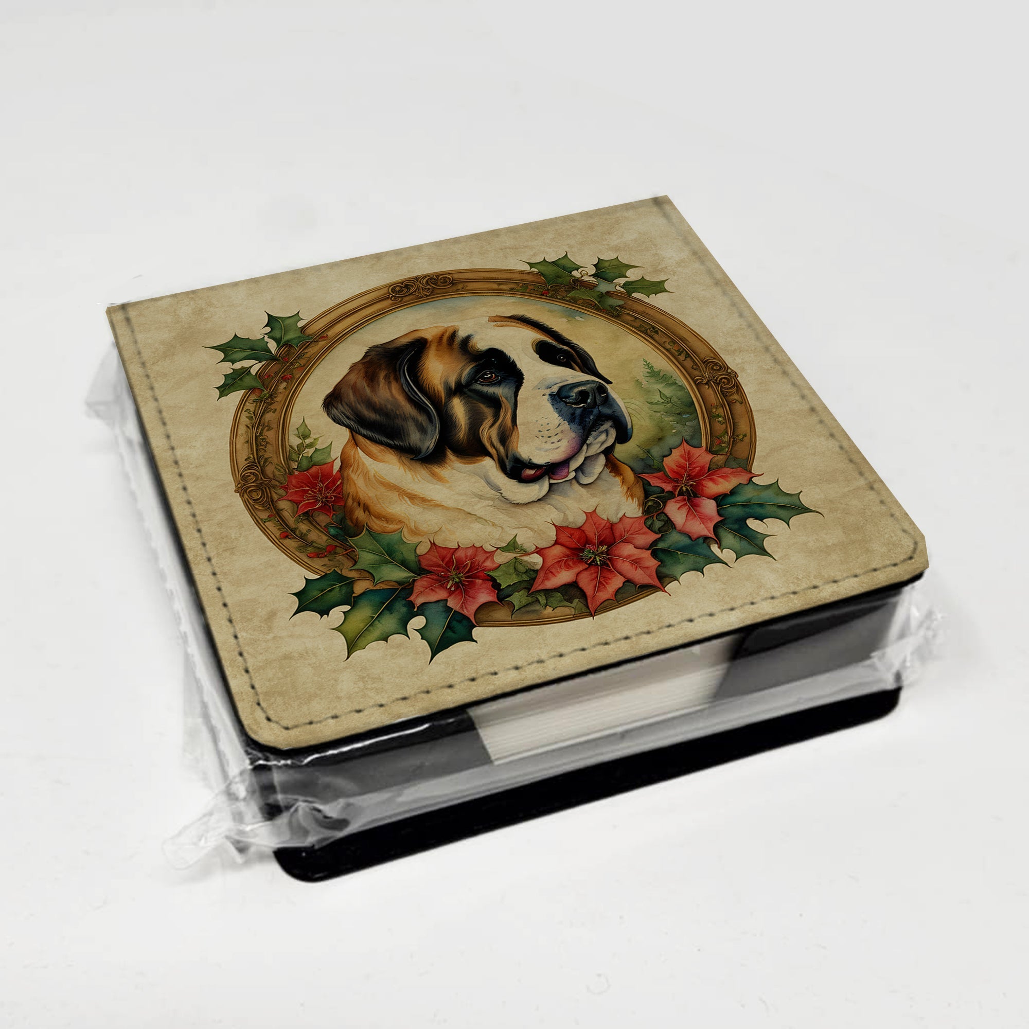 Saint Bernard Christmas Flowers PU Leather Note Paper Holder with Artist-Designed Cover, Desk Accessory, Office Gift