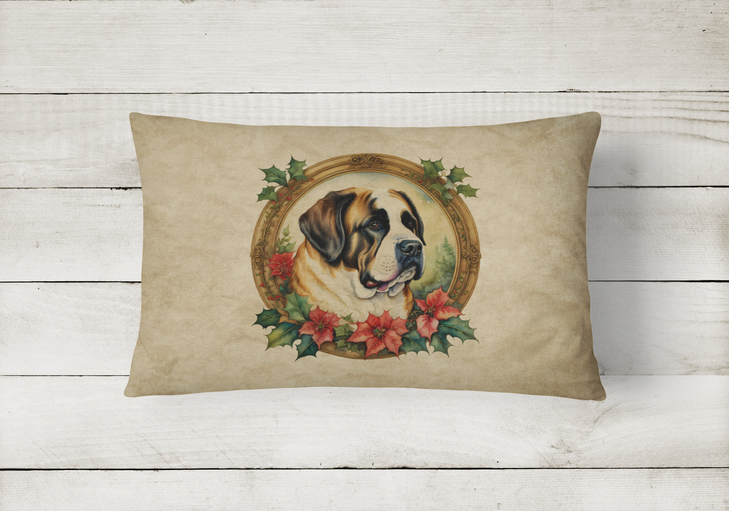 Saint Bernard Christmas Flowers Decorative Throw Pillow 12x16 Indoor Outdoor Accent Cushion, Fabric Cover with Insert for Sofa, Bed, Porch & Living Room
