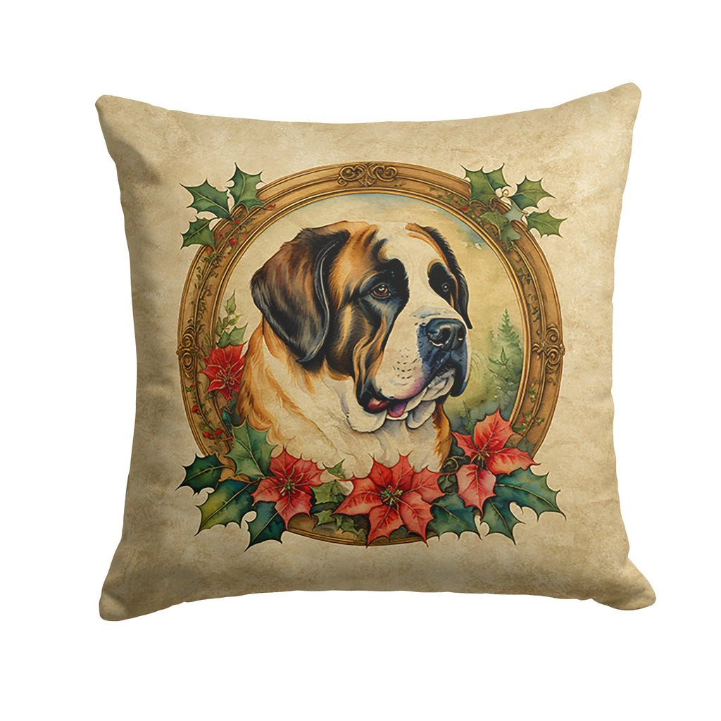 Saint Bernard Christmas Flowers Decorative Throw Pillow 14x14 Indoor Outdoor Accent Cushion, Fabric Cover with Insert for Sofa, Bed, Porch & Living Room
