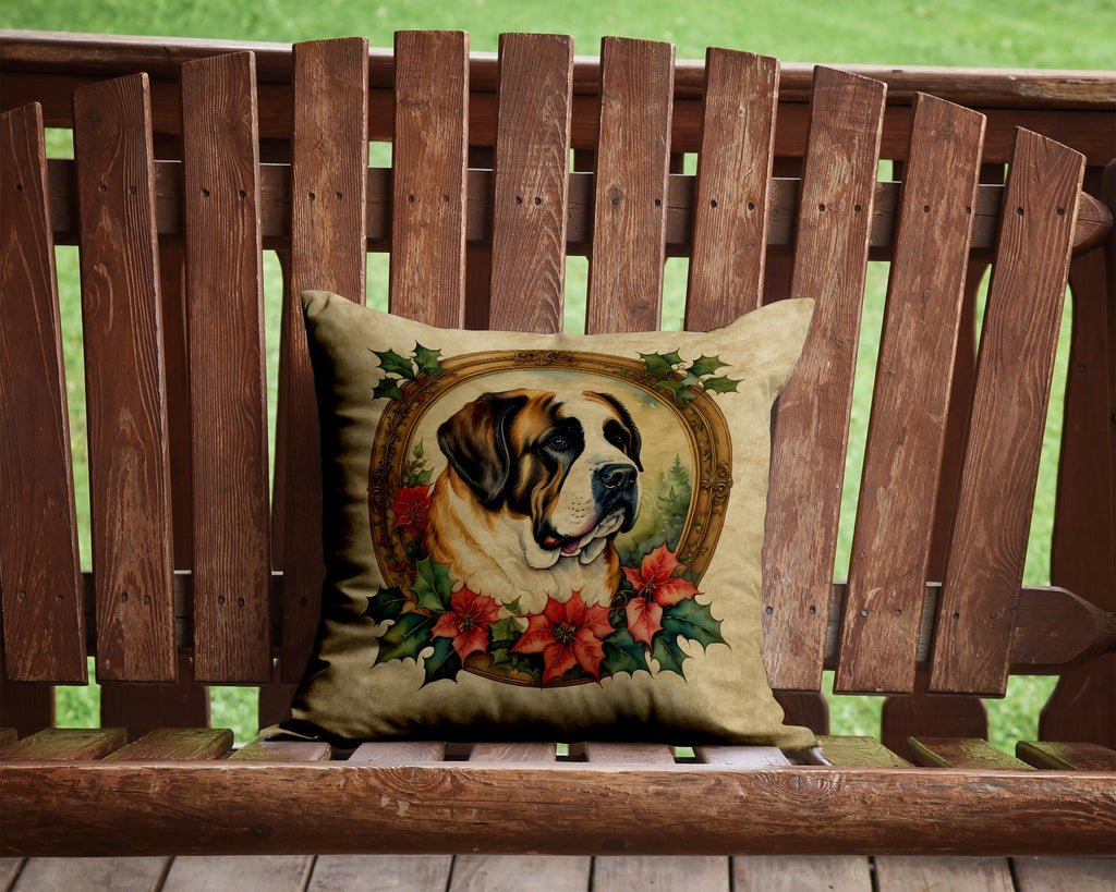 Saint Bernard Christmas Flowers Decorative Throw Pillow 14x14 Indoor Outdoor Accent Cushion, Fabric Cover with Insert for Sofa, Bed, Porch & Living Room
