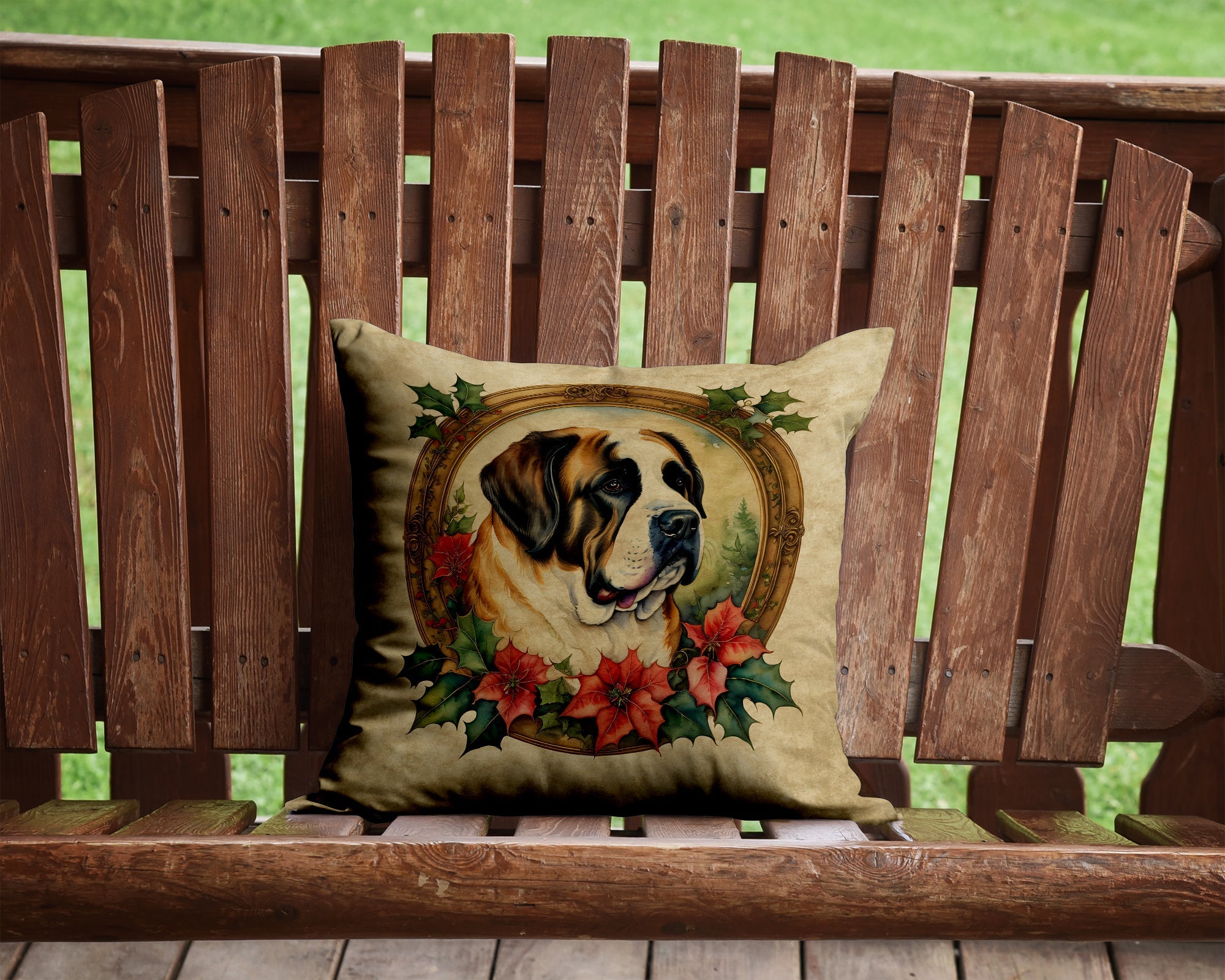 Saint Bernard Christmas Flowers Decorative Throw Pillow 14x14 Indoor Outdoor Accent Cushion, Fabric Cover with Insert for Sofa, Bed, Porch & Living Room