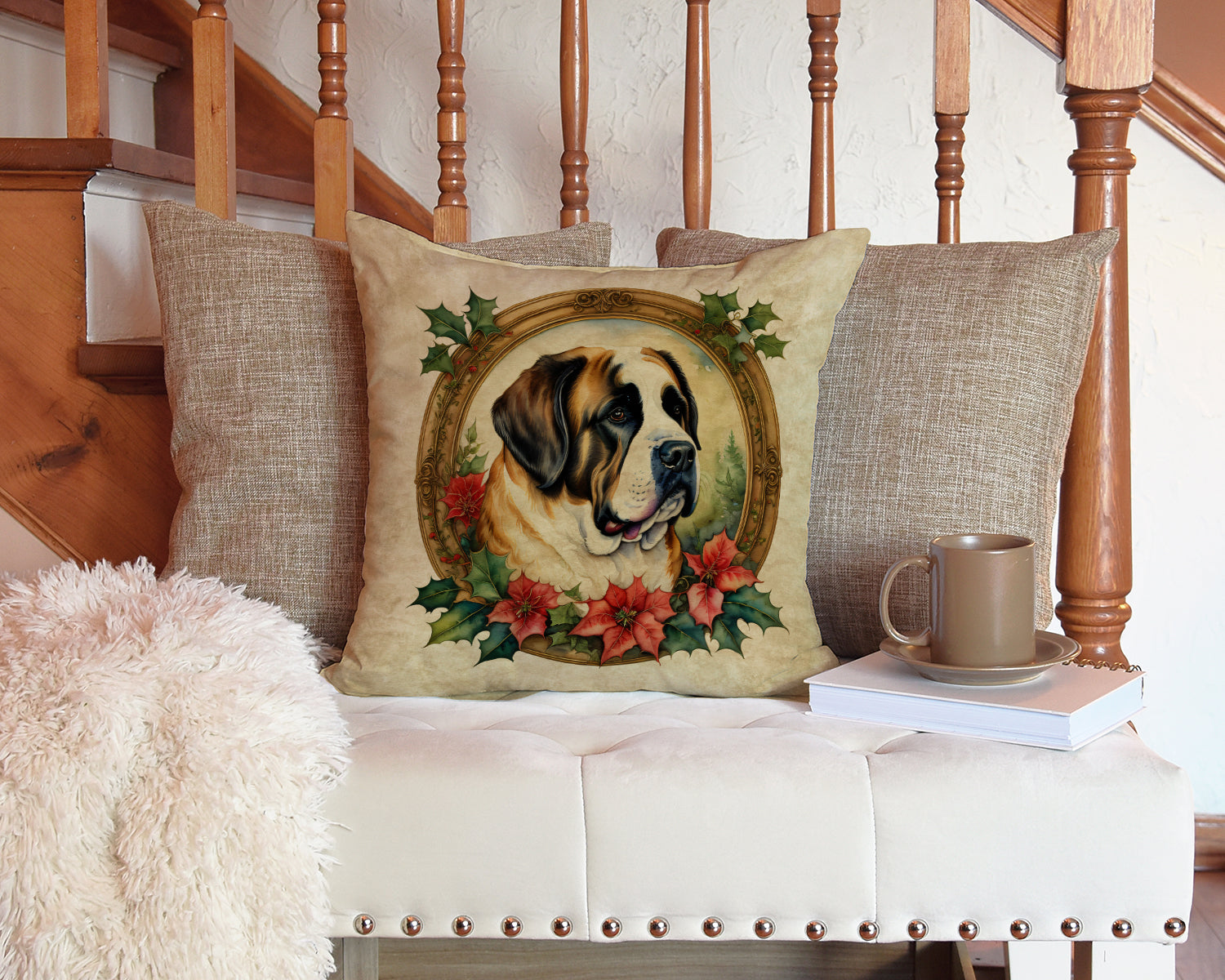 Saint Bernard Christmas Flowers Decorative Throw Pillow 14x14 Indoor Outdoor Accent Cushion, Fabric Cover with Insert for Sofa, Bed, Porch & Living Room