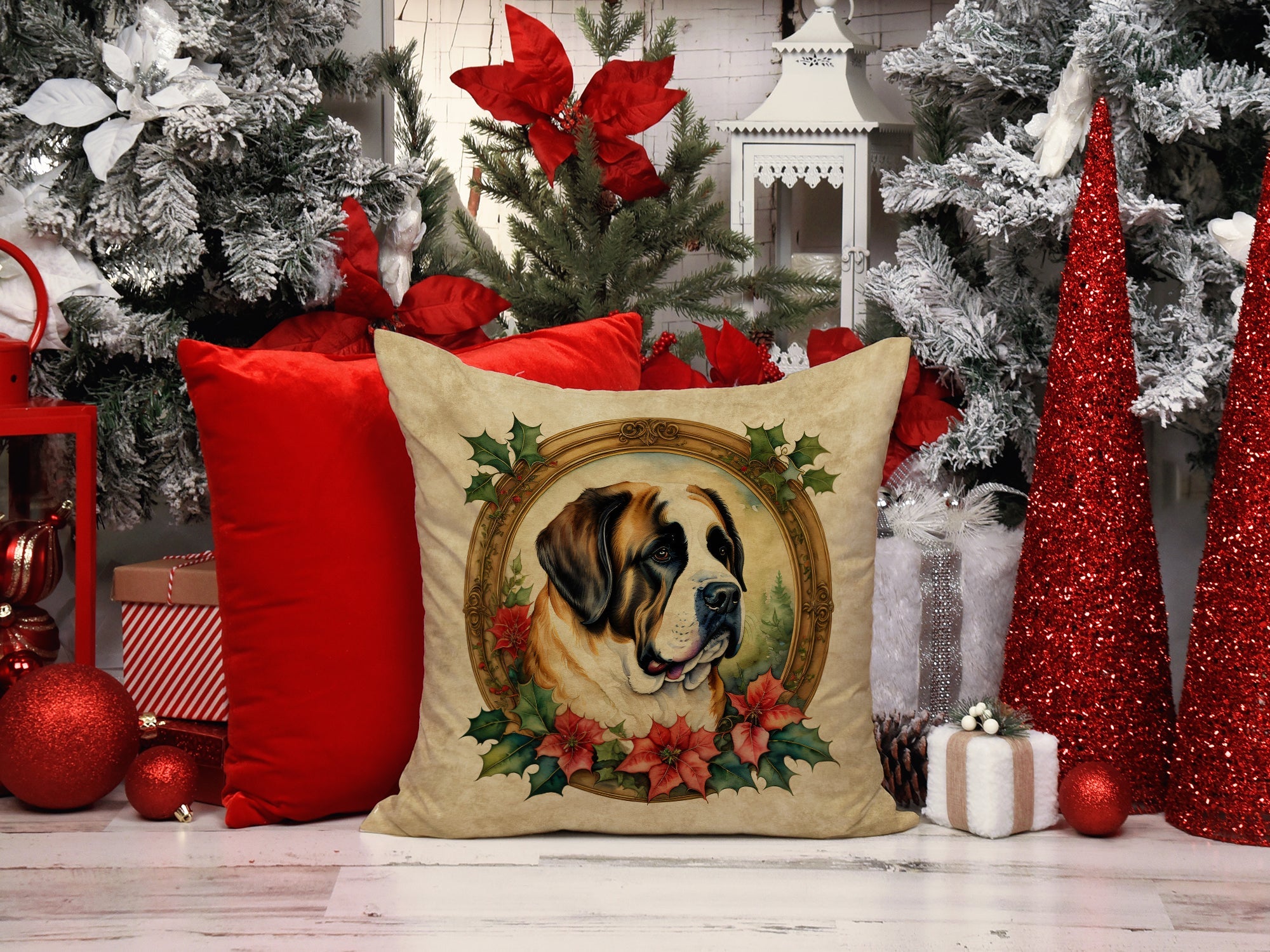 Saint Bernard Christmas Flowers Decorative Throw Pillow 18x18 Indoor Outdoor Accent Cushion, Fabric Cover with Insert for Sofa, Bed, Porch & Living Room