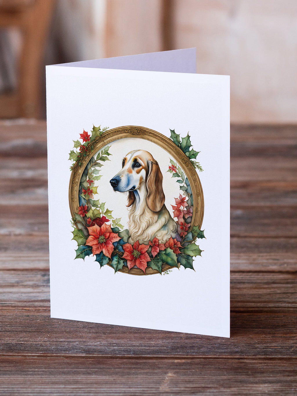 Saluki Christmas Flowers Greeting Cards Pack of 8 Blank Cards with Envelopes Whimsical A7 Size 5x7