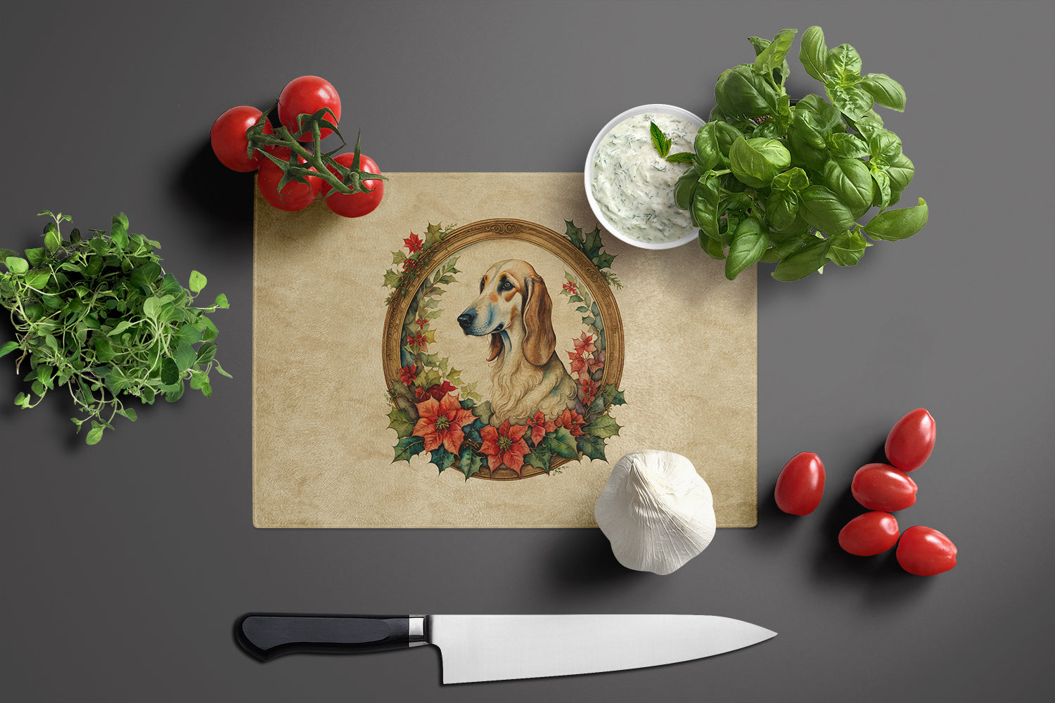 Saluki Christmas Flowers Cutting Board Tempered Glass Kitchen Cutting Surface, Heat Resistant Chopping, Non-Slip Feet, Food Prep & Serving