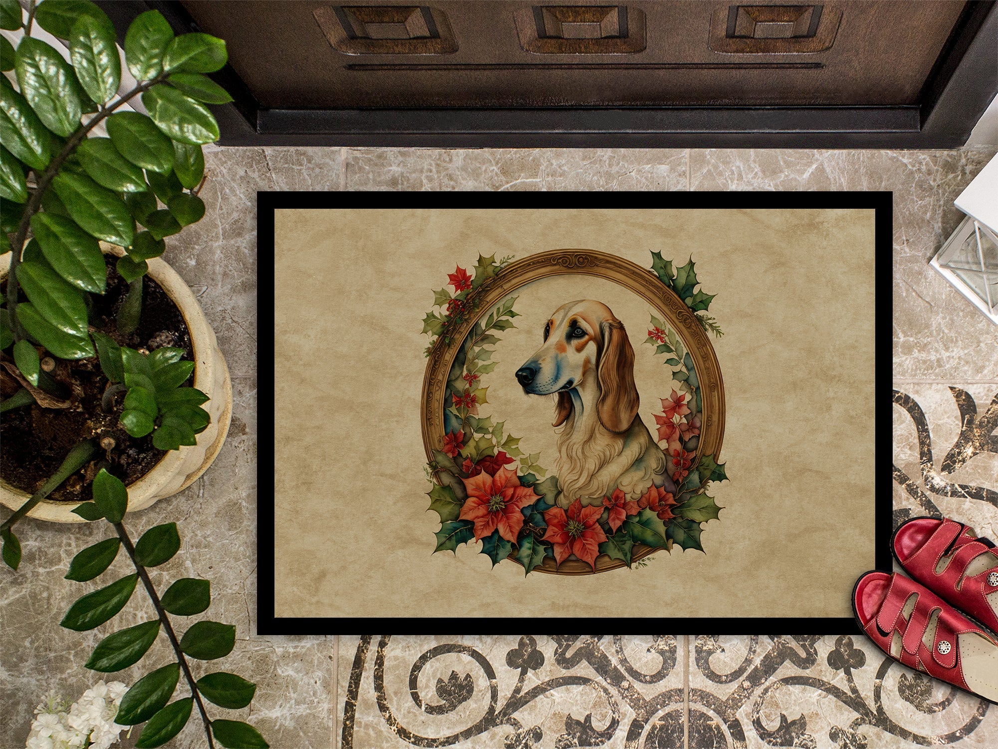 Saluki Christmas Flowers Doormat Indoor Outdoor 18H X 27W Front Door Mat Rugs for Entryway, Non Slip Washable