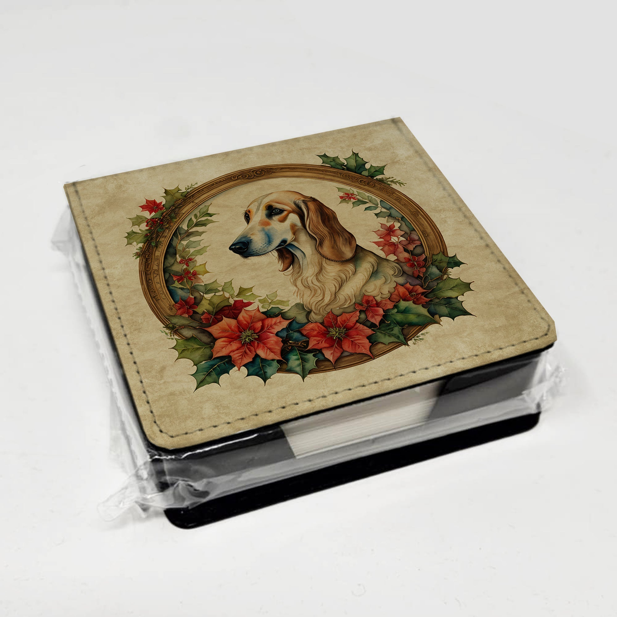Saluki Christmas Flowers PU Leather Note Paper Holder with Artist-Designed Cover, Desk Accessory, Office Gift