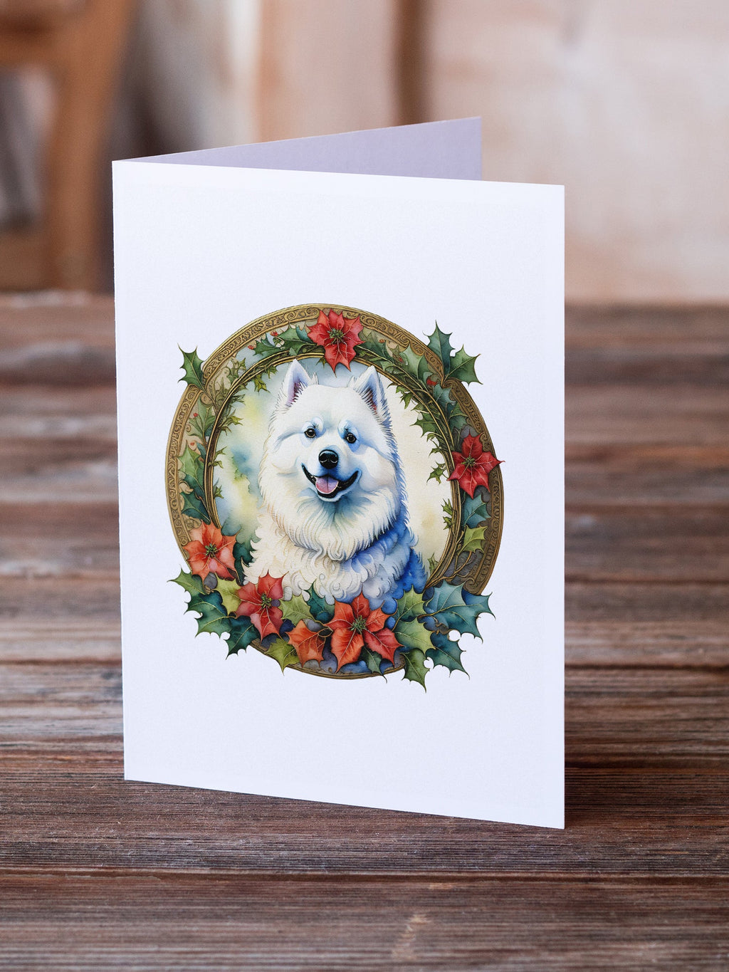 Samoyed Christmas Flowers Greeting Cards Pack of 8 Blank Cards with Envelopes Whimsical A7 Size 5x7